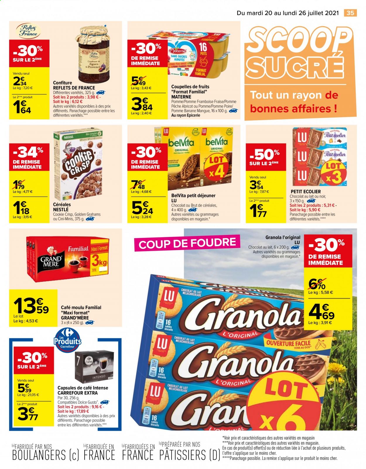 thumbnail - Catalogue Carrefour Hypermarchés - 20/07/2021 - 26/07/2021 - Produits soldés - bananes, Nestlé, biscuits, granola, sablés, LU, sucre, confiture, café moulu, café capsules. Page 39.