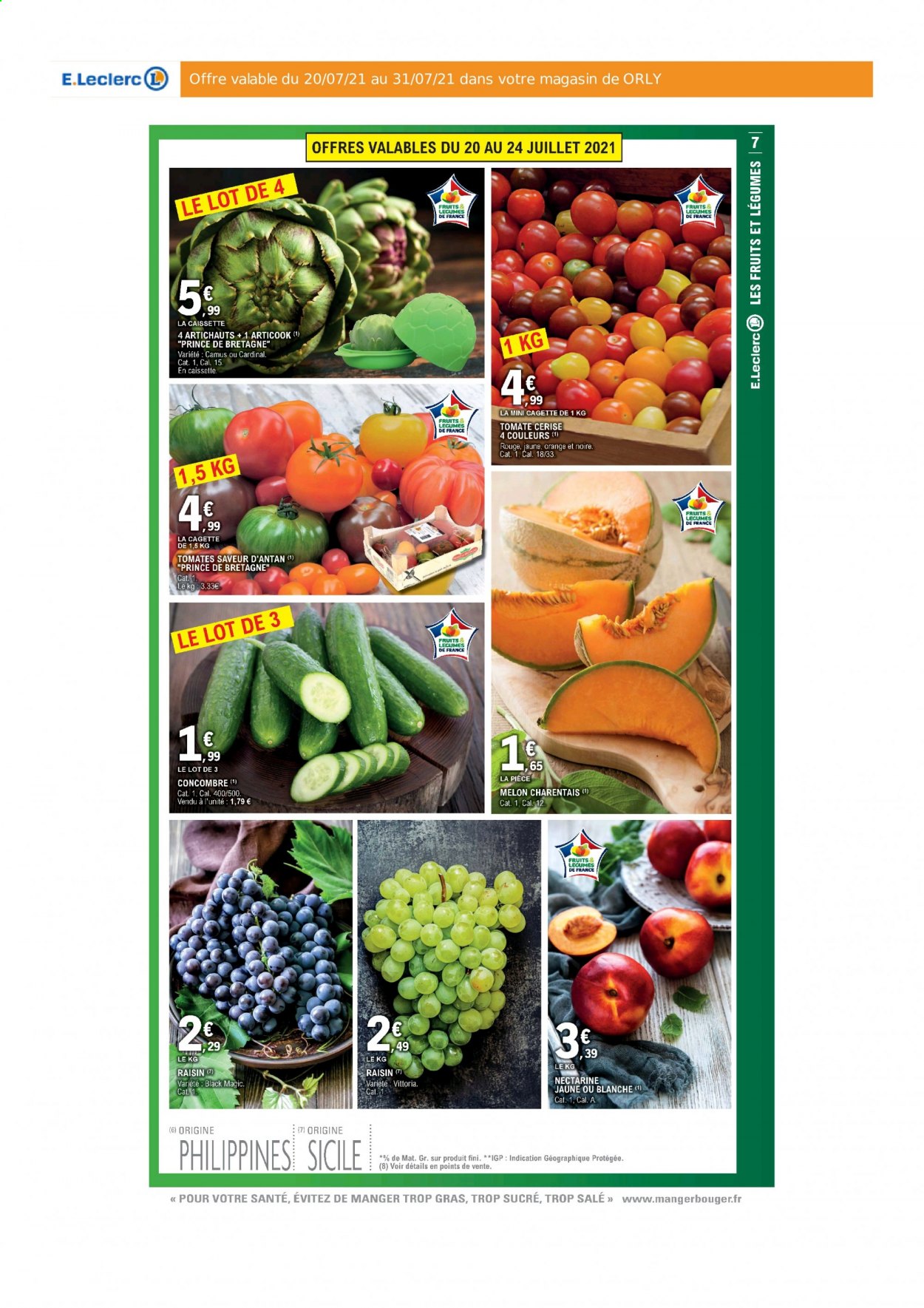 thumbnail - Catalogue E.Leclerc - 20/07/2021 - 31/07/2021 - Produits soldés - melon, tomates, concombre, Saveur d'Antan, raisins, cagette. Page 7.