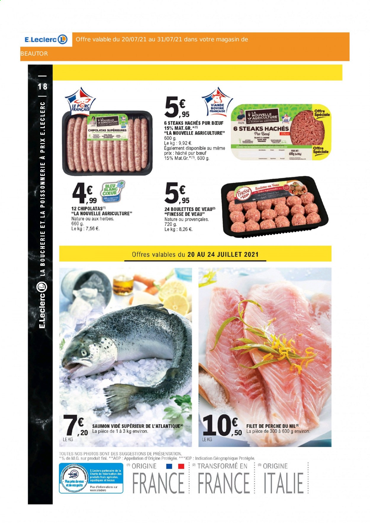 thumbnail - Catalogue E.Leclerc - 20/07/2021 - 31/07/2021 - Produits soldés - steak haché, viande hachée, saumon, chipolata. Page 18.