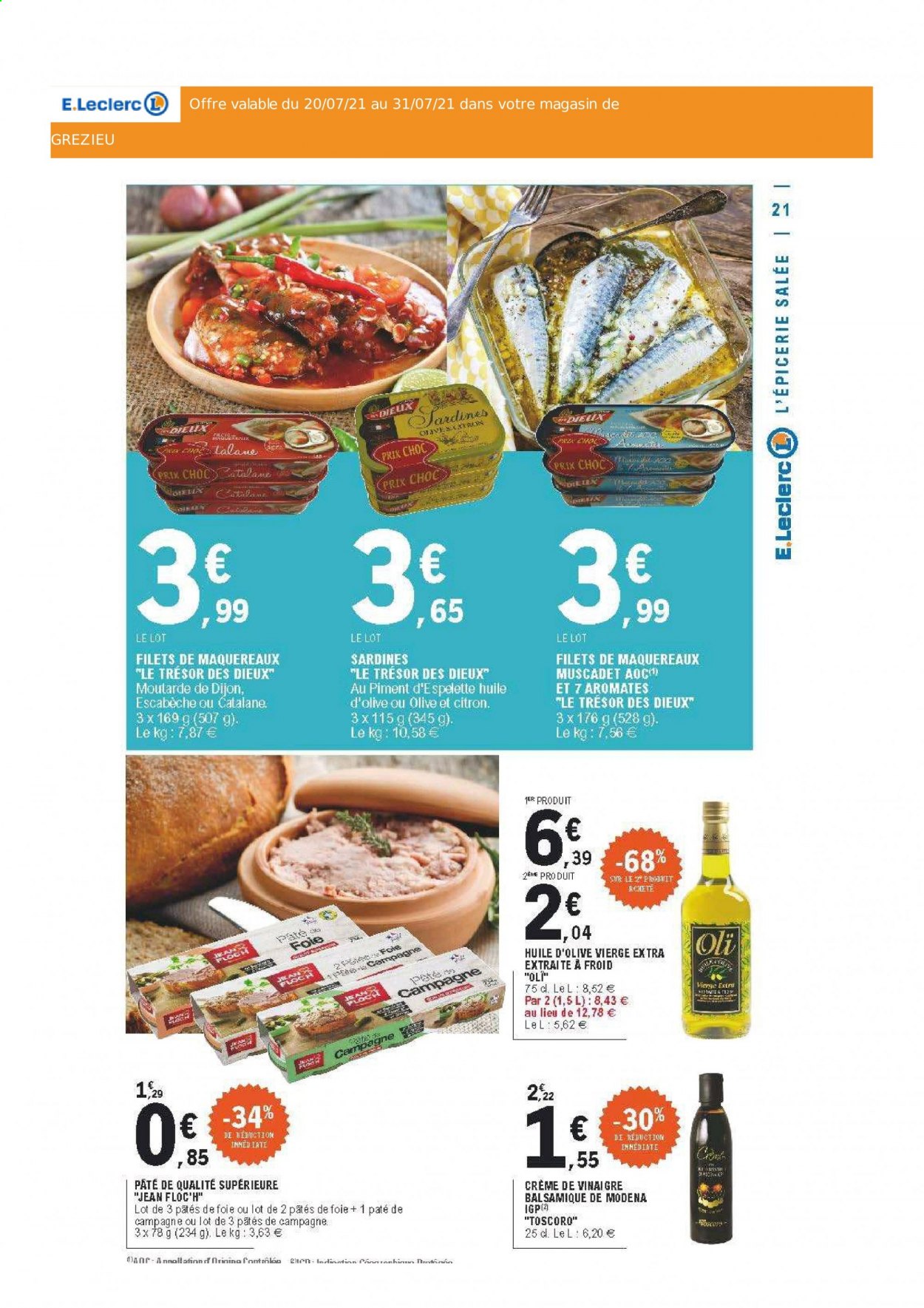 thumbnail - Catalogue E.Leclerc - 20/07/2021 - 31/07/2021 - Produits soldés - maquereau, sardines, pâtes, moutarde de Dijon, huile, huile d'olive vierge extra, huile d'olive, jeans. Page 21.