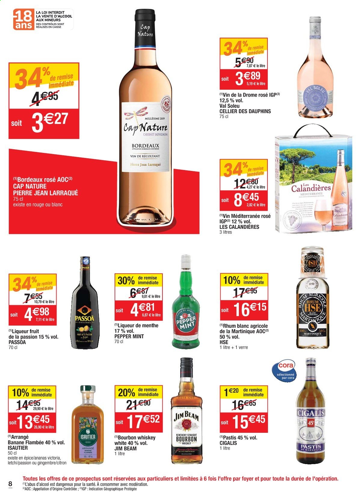 thumbnail - Catalogue Cora - 20/07/2021 - 26/07/2021 - Produits soldés - Bordeaux, vin blanc, vin rouge, vin, Cabernet Sauvignon, whisky, rhum, pastis, liqueur, verre, jeans. Page 8.