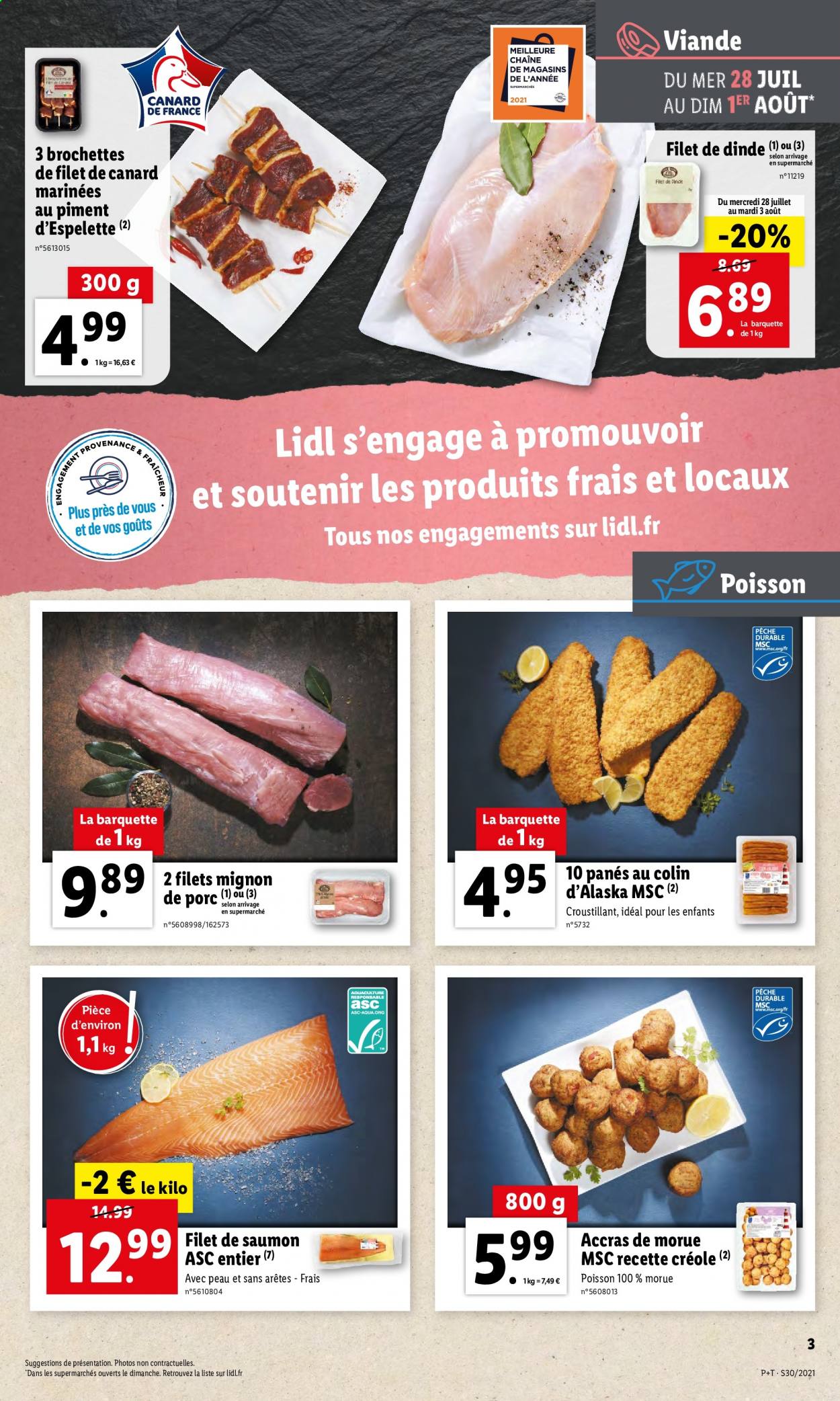 thumbnail - Catalogue Lidl - 28/07/2021 - 03/08/2021 - Produits soldés - viande de dinde, filet de canard, saumon, panés de poissons, accras de morue. Page 3.