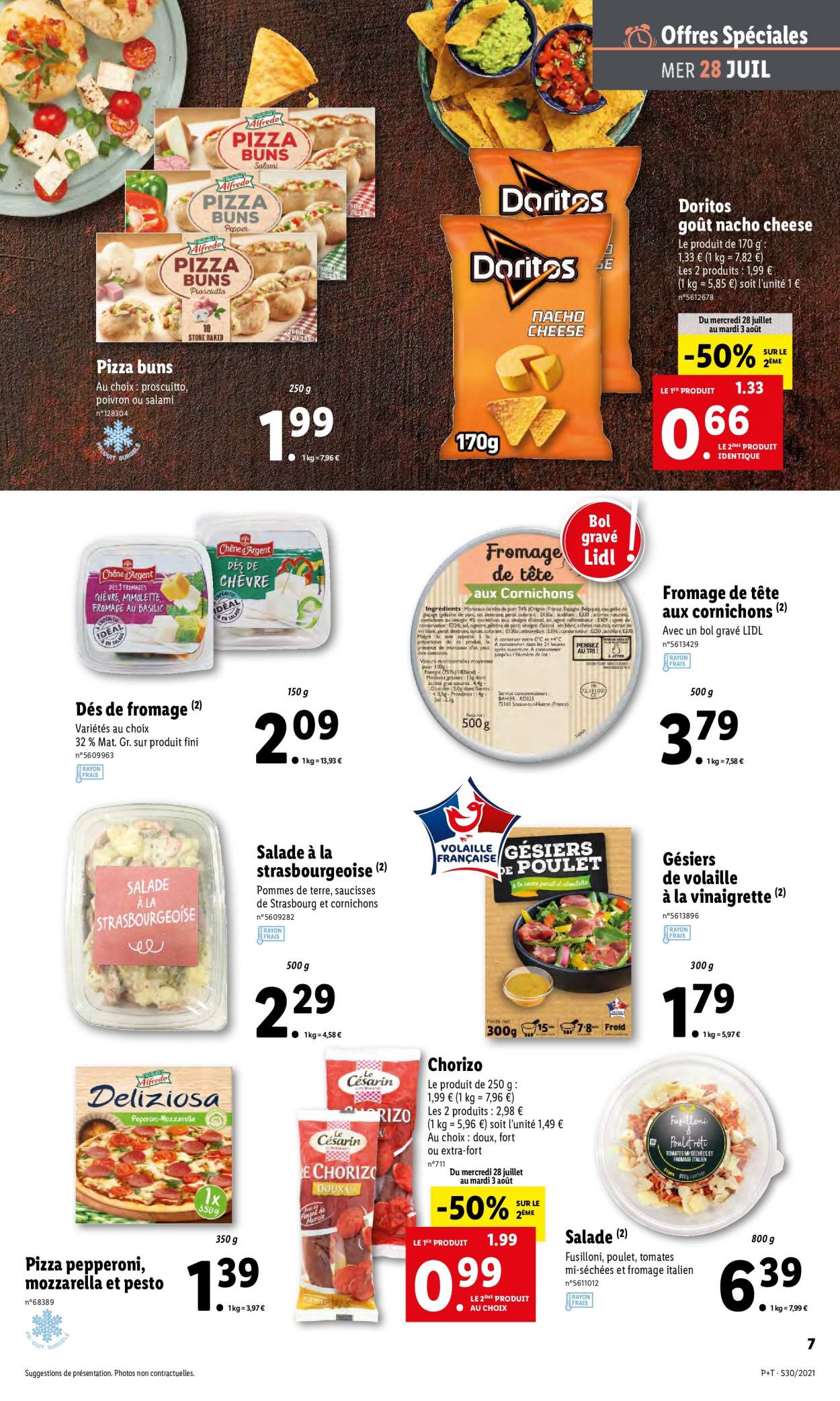 thumbnail - Catalogue Lidl - 28/07/2021 - 03/08/2021 - Produits soldés - gésiers, salade, poulet, pizza, chorizo, saucisse, fromage de tête, Doritos, nacho, vinaigrette, pesto. Page 9.