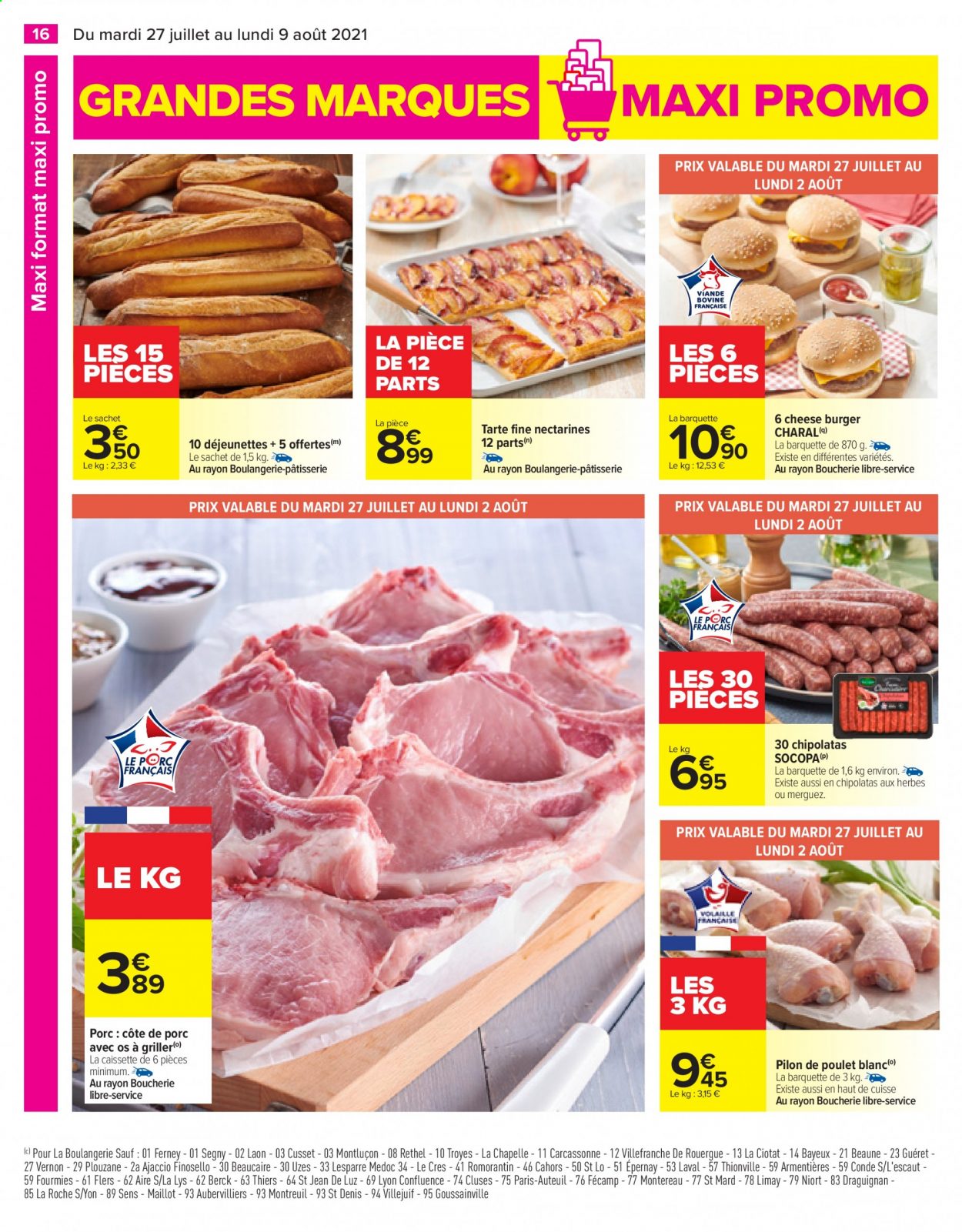 thumbnail - Catalogue Carrefour Hypermarchés - 27/07/2021 - 09/08/2021 - Produits soldés - côtes de porc, viande de porc, nectarine, tarte, merguez, chipolata. Page 16.