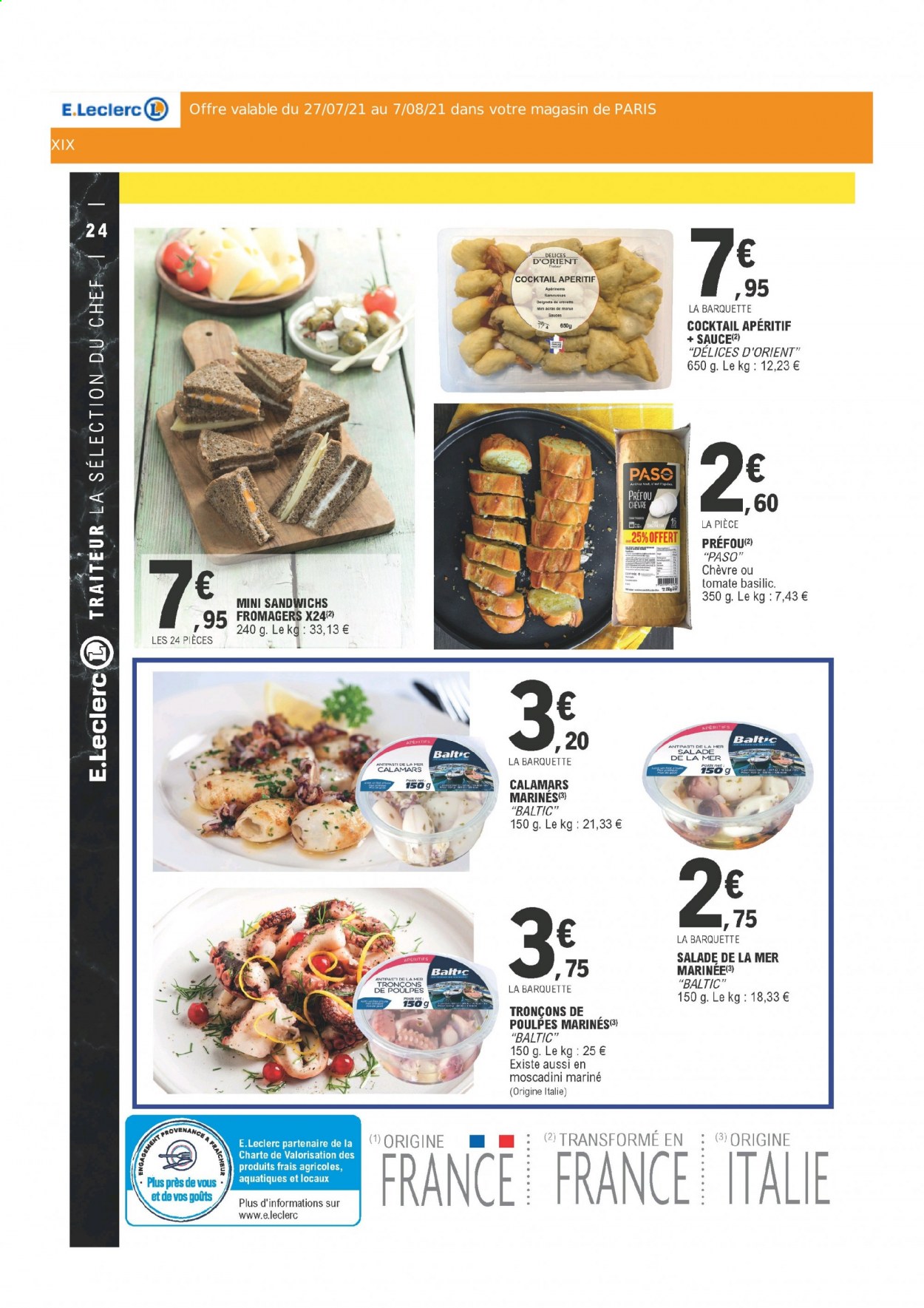 thumbnail - Catalogue E.Leclerc - 27/07/2021 - 07/08/2021 - Produits soldés - salade, morue, calamars, antipasti, préfou, apéritif. Page 24.