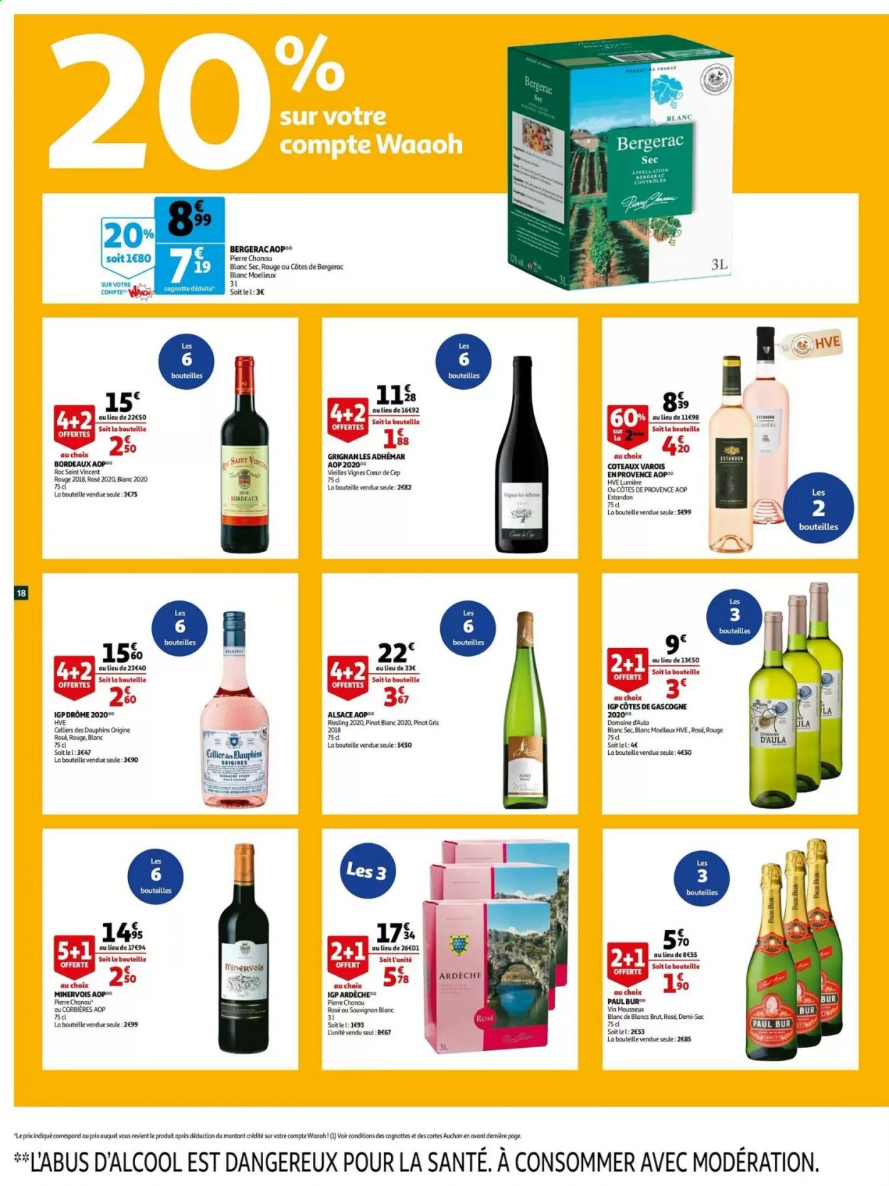 thumbnail - Catalogue Auchan - 27/07/2021 - 08/08/2021 - Produits soldés - Bordeaux, Corbières, Côtes de Gascogne, vin blanc, vin rouge, Sauvignon Blanc, Pinot Gris, vin, Cabernet Sauvignon, Pinot Blanc, Riesling, Côtes de Bergerac. Page 18.