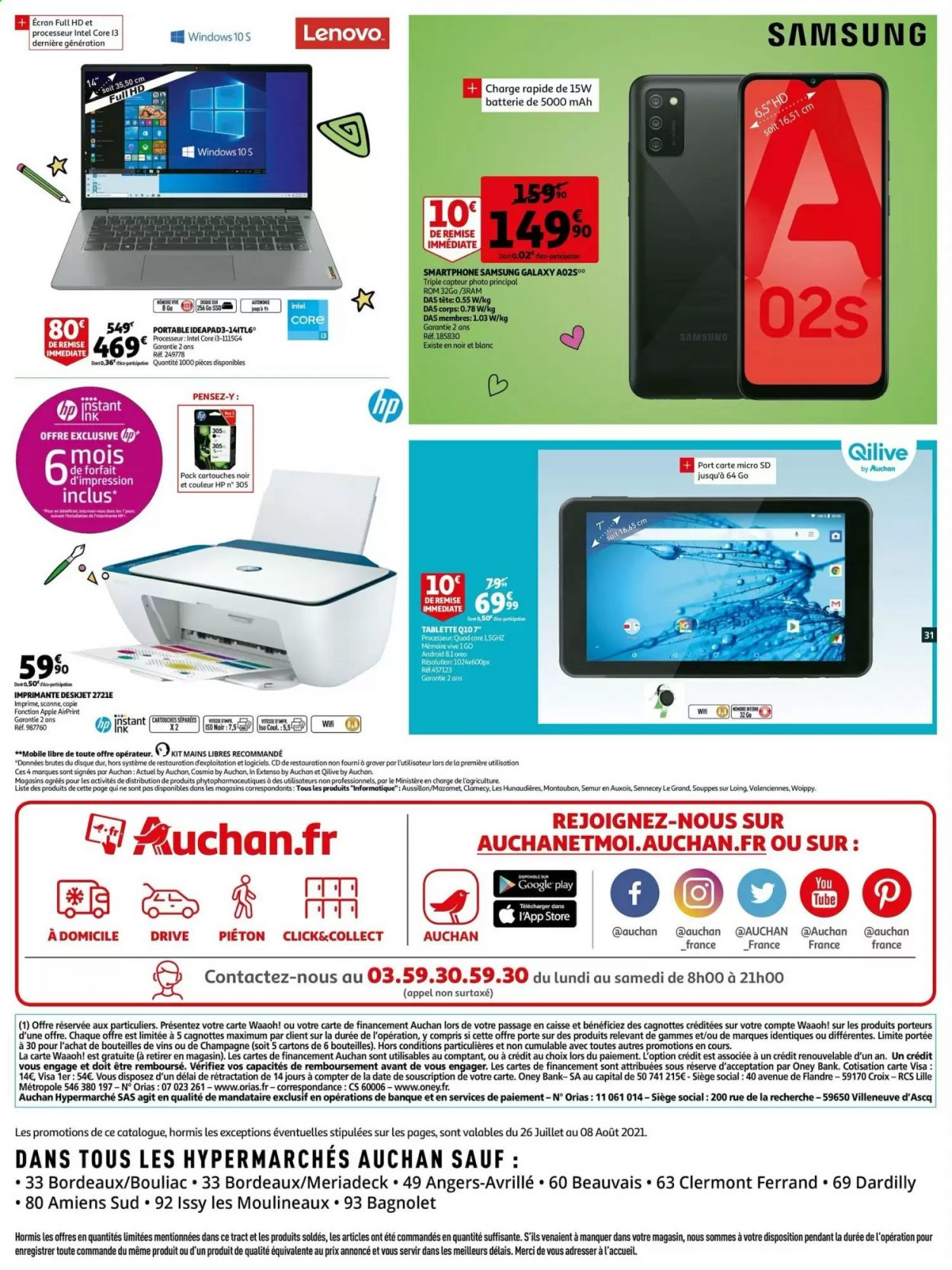 thumbnail - Catalogue Auchan - 27/07/2021 - 08/08/2021 - Produits soldés - Samsung, Oreo, Bordeaux, vin rouge, vin, Apple, Lenovo, smartphone, carte micro sd, Hewlett Packard, tablette, imprimante. Page 31.