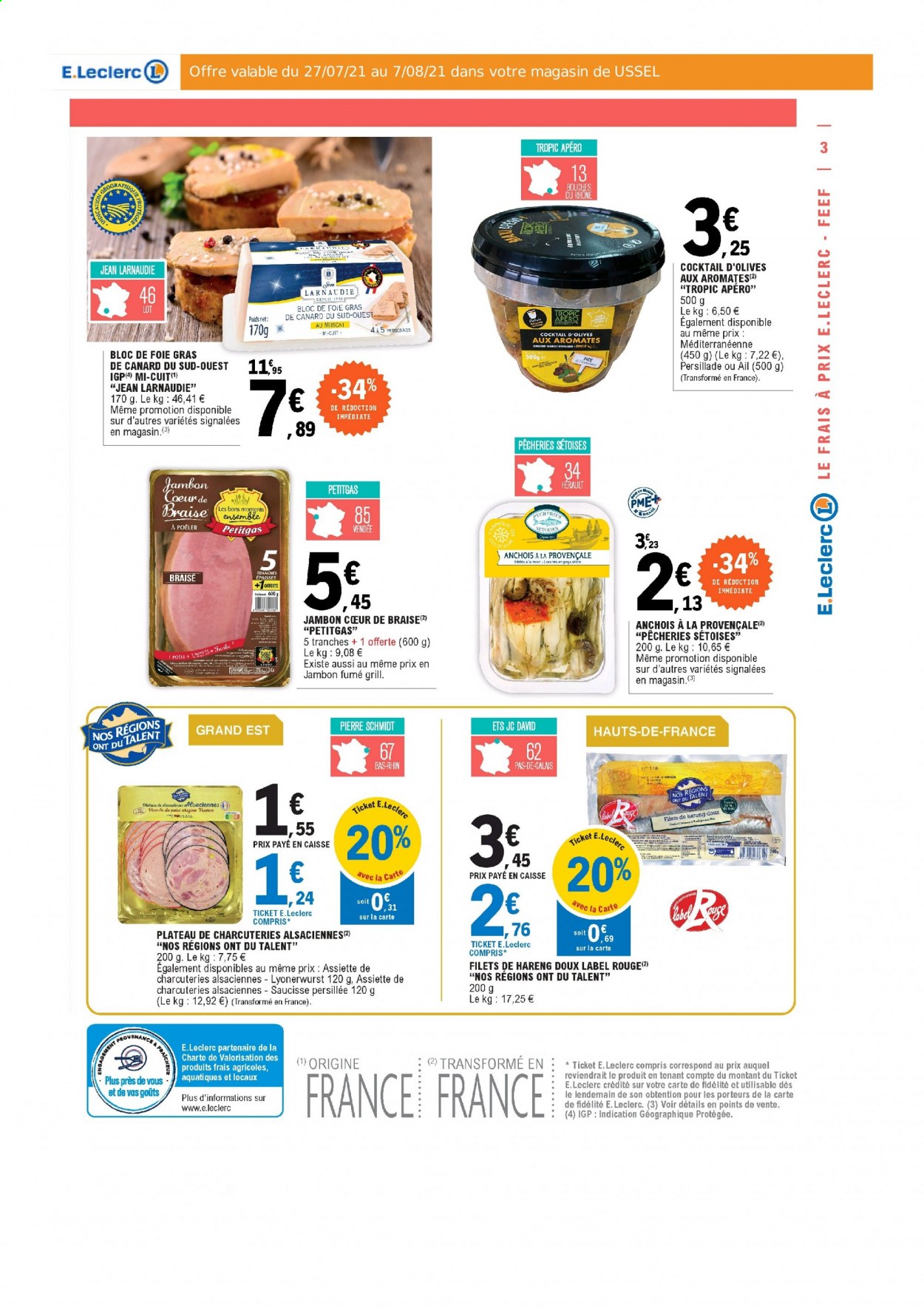 thumbnail - Catalogue E.Leclerc - 27/07/2021 - 07/08/2021 - Produits soldés - hareng, foie gras, jambon, saucisse, poêle, jeans. Page 3.