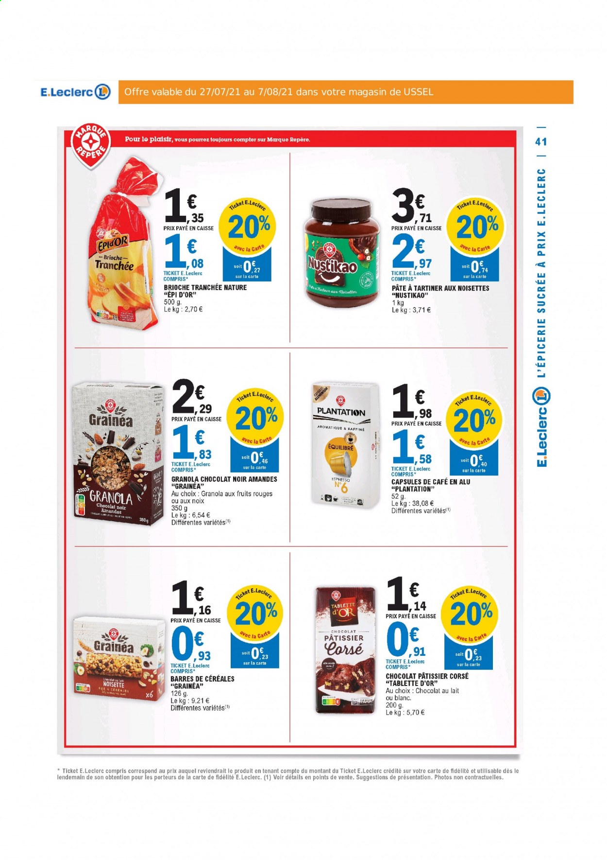 thumbnail - Catalogue E.Leclerc - 27/07/2021 - 07/08/2021 - Produits soldés - brioche, pâte à tartiner, amandes, granola, café capsules. Page 41.