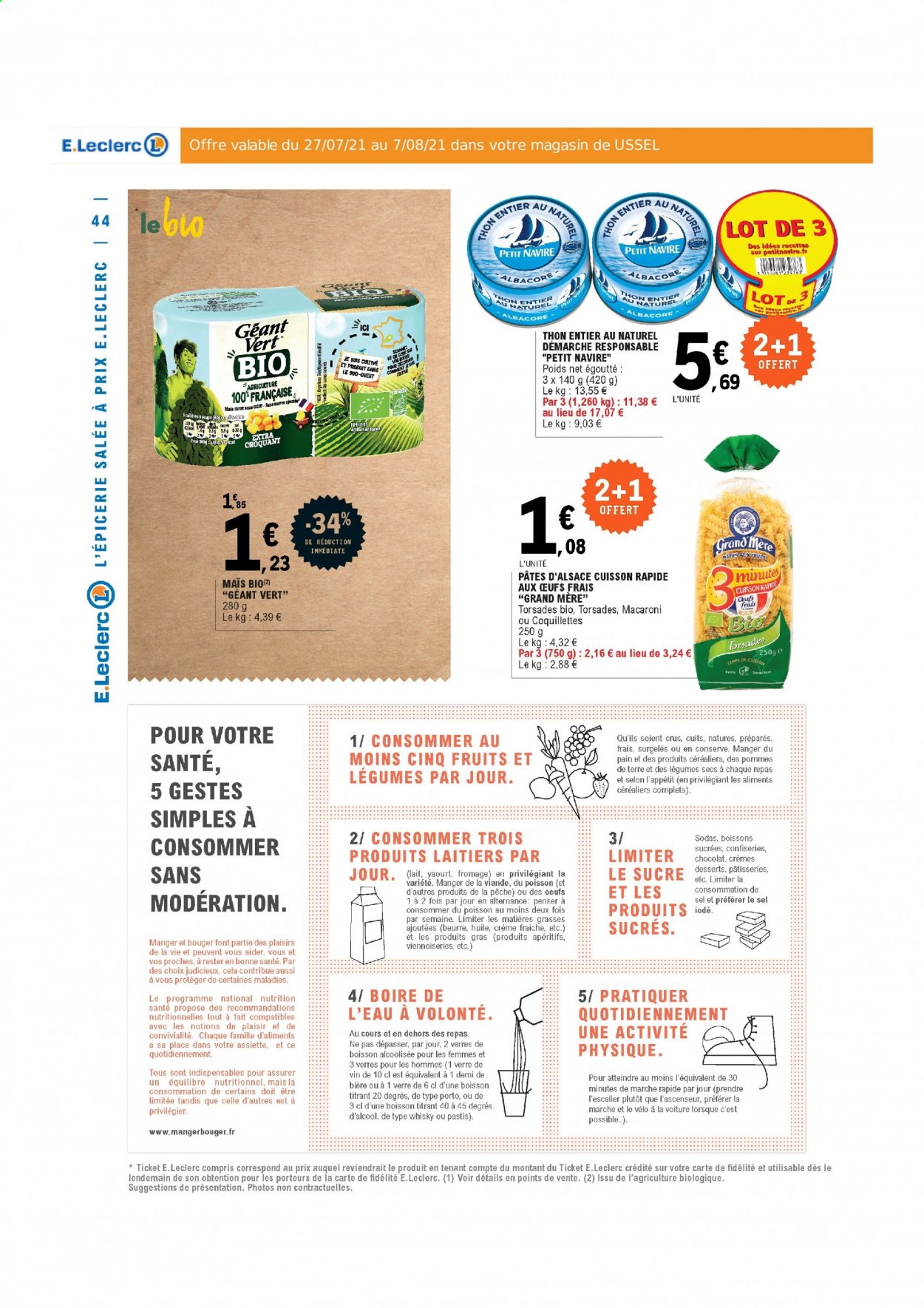 thumbnail - Catalogue E.Leclerc - 27/07/2021 - 07/08/2021 - Produits soldés - Petit Navire, lait, œufs, beurre, crème fraîche, pâtes, macaroni, verre. Page 44.