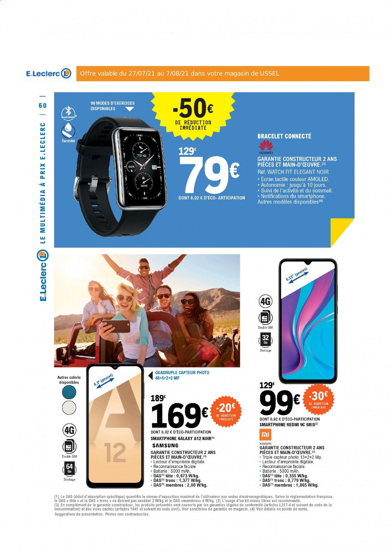 thumbnail - Catalogue E.Leclerc - 27/07/2021 - 07/08/2021 - Produits soldés - Samsung, Xiaomi, Huawei, smartphone, bracelet. Page 60.