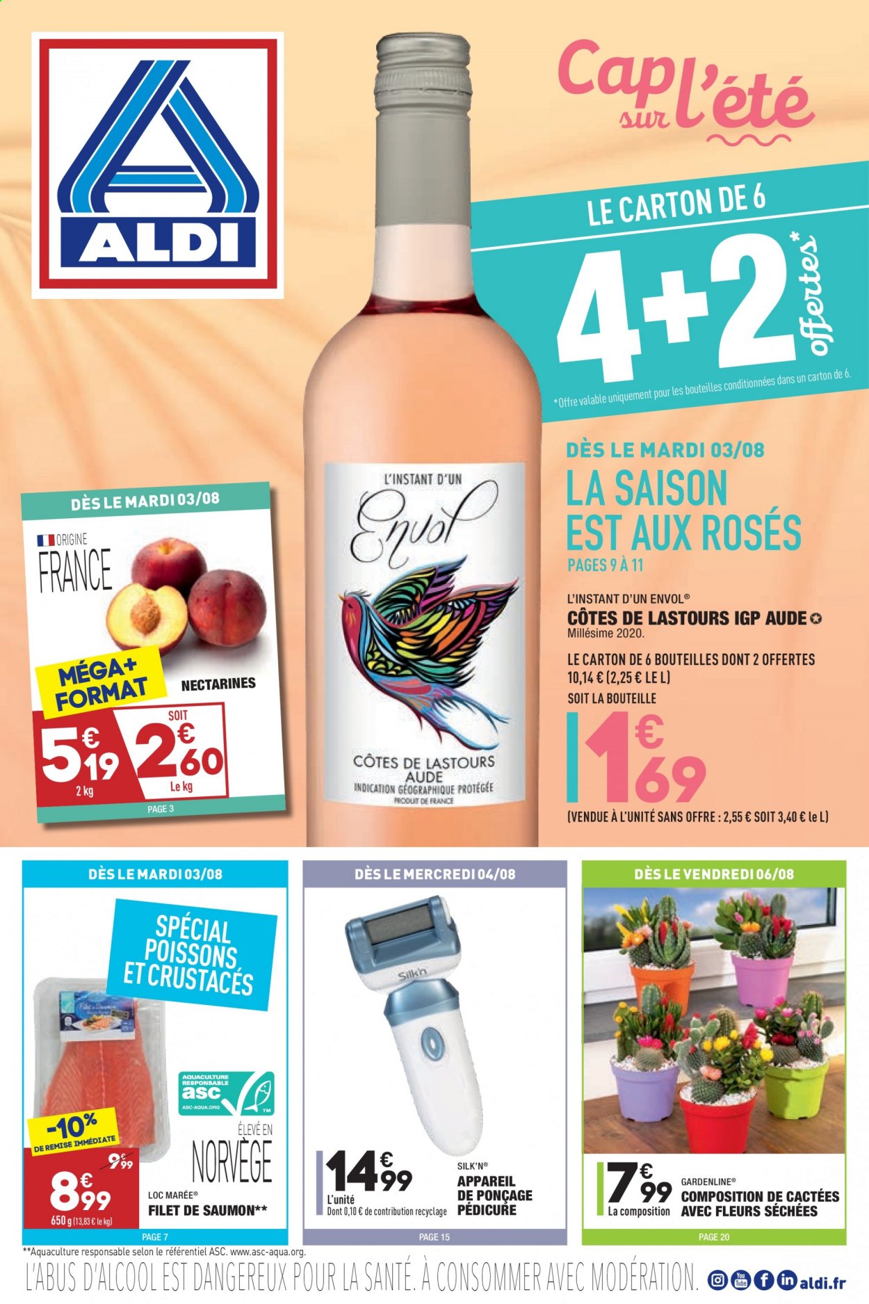 thumbnail - Catalogue ALDI - 03/08/2021 - 09/08/2021 - Produits soldés - nectarine, saumon, pavés de saumon, fleur. Page 1.
