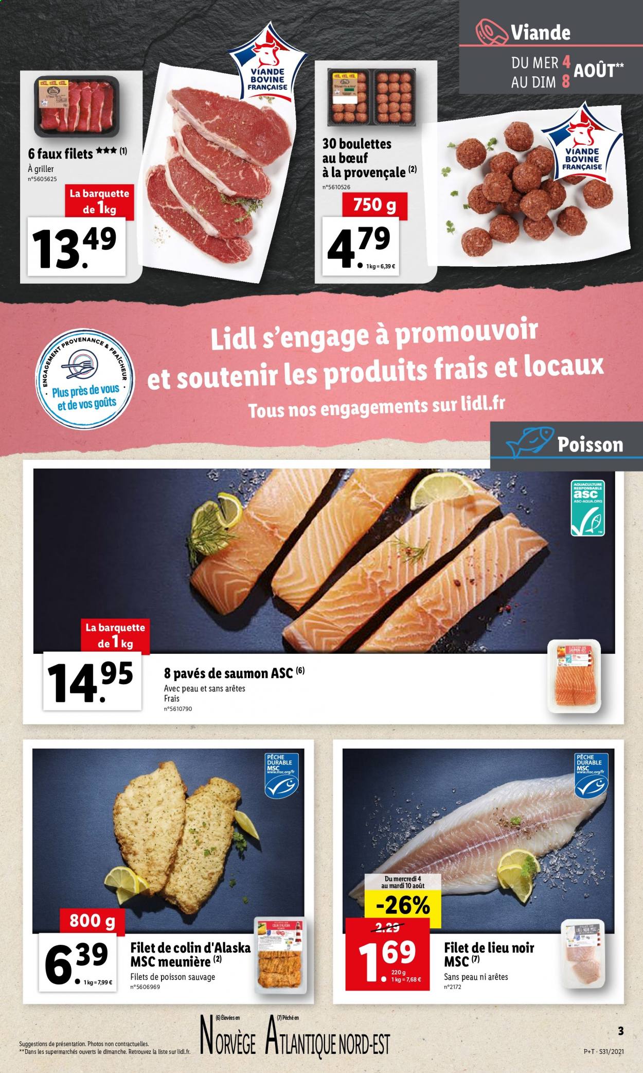 thumbnail - Catalogue Lidl - 04/08/2021 - 10/08/2021 - Produits soldés - boulettes de bœuf, saumon, colin, filet de lieu, pavés de saumon. Page 3.