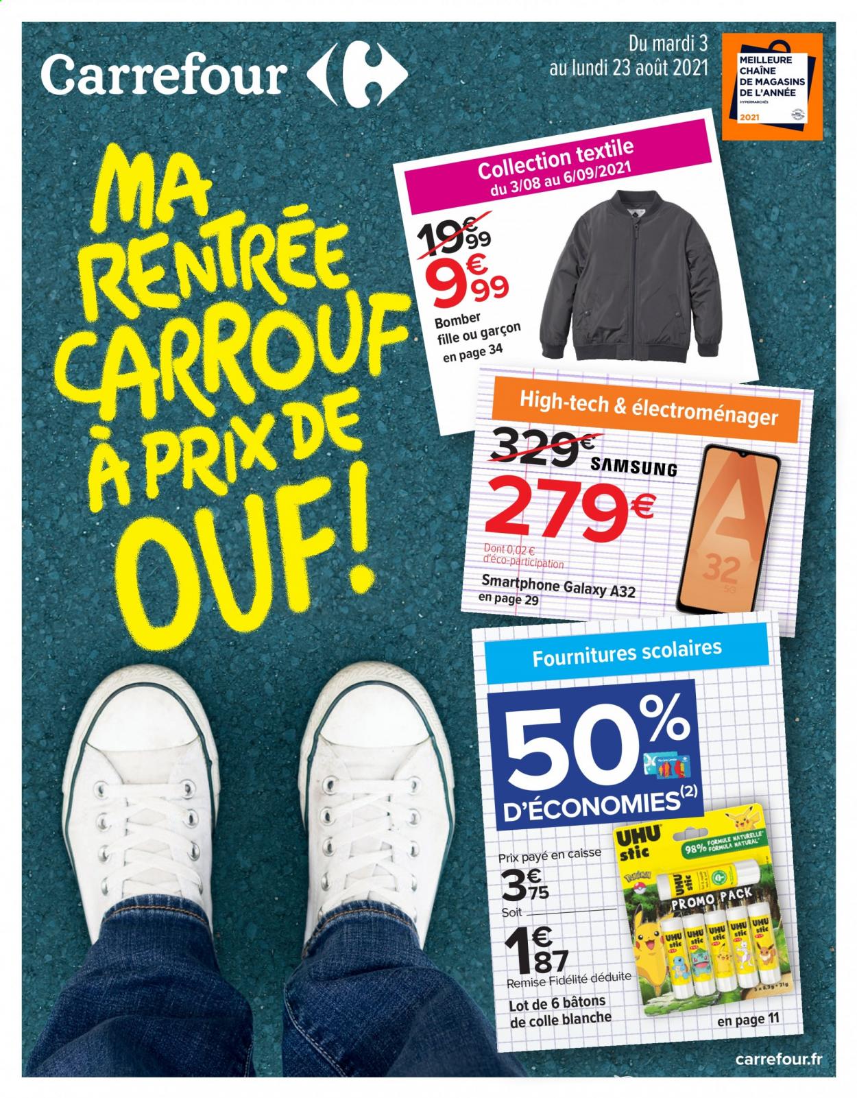 thumbnail - Catalogue Carrefour Hypermarchés - 03/08/2021 - 23/08/2021 - Produits soldés - Samsung, tube de colle, fournitures scolaires, smartphone. Page 1.
