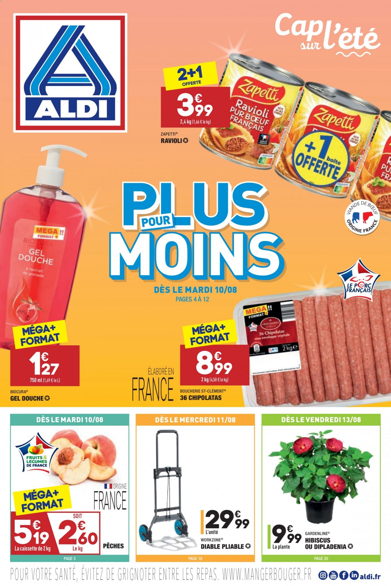 thumbnail - Catalogue ALDI - 10/08/2021 - 16/08/2021 - Produits soldés - ravioli, chipolata, gel douche, dipladenia, hibiscus. Page 1.