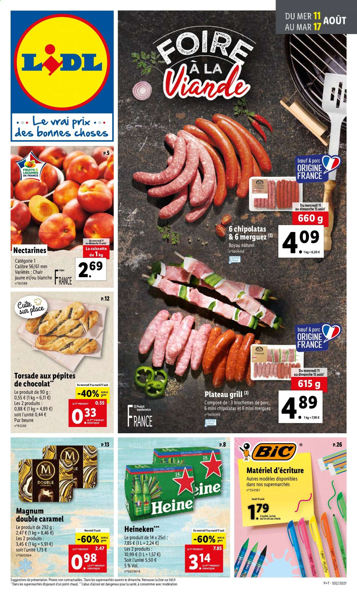 thumbnail - Catalogue Lidl - 11/08/2021 - 17/08/2021 - Produits soldés - brochettes de porc, bière, Heineken, nectarine, merguez, chipolata, Magnum, grill. Page 1.