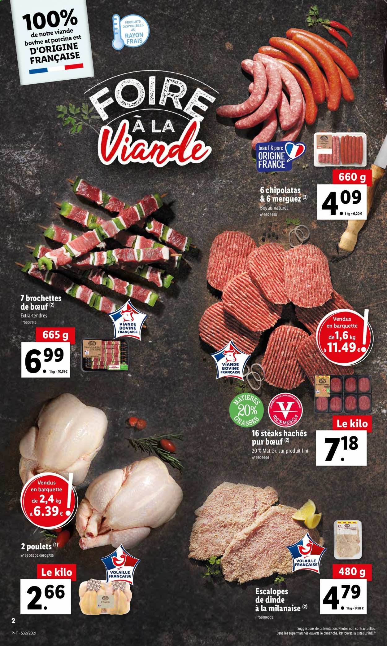 thumbnail - Catalogue Lidl - 11/08/2021 - 17/08/2021 - Produits soldés - escalope, poulet, viande de dinde, escalope de dinde, steak haché, viande hachée, chipolata. Page 2.