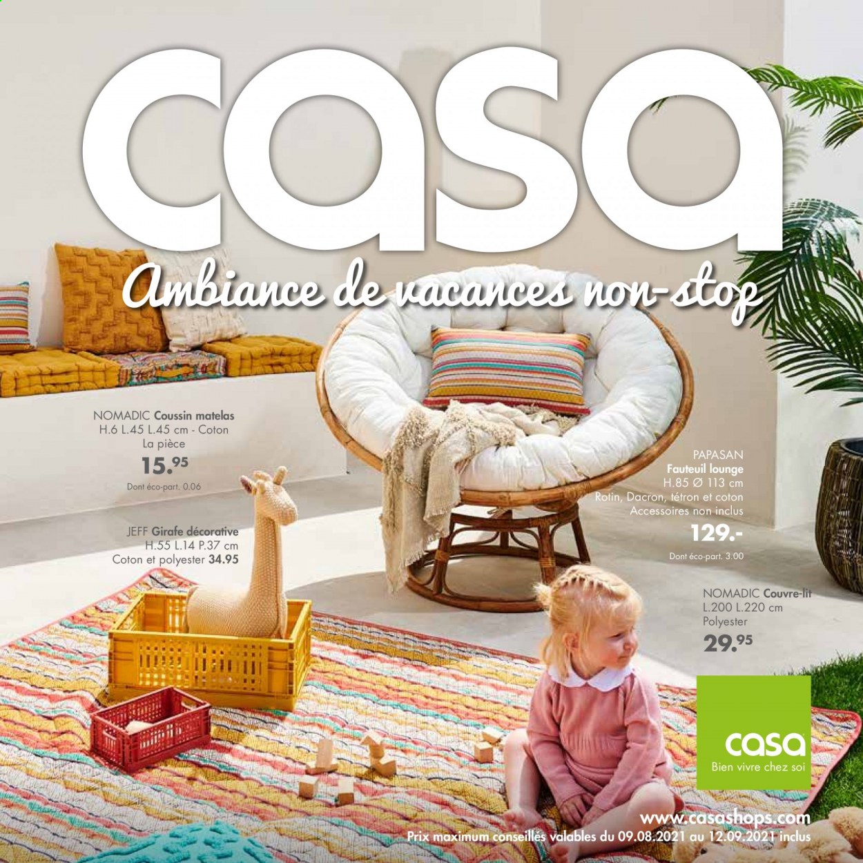 thumbnail - Catalogue CASA - 09/08/2021 - 12/09/2021 - Produits soldés - coussin, couvre lit, fauteuil, girafe. Page 1.