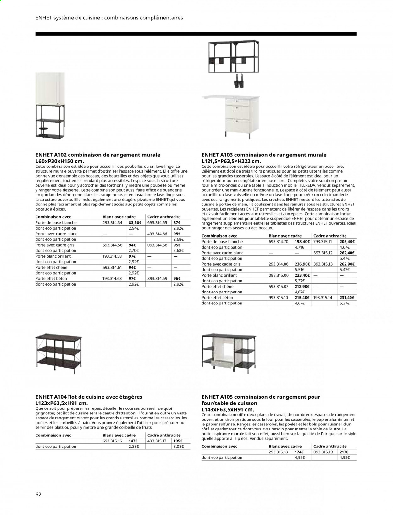 thumbnail - Catalogue IKEA - Produits soldés - plan de travail, corbeille, bocal, papier aluminium, combinaison de rangement. Page 62.