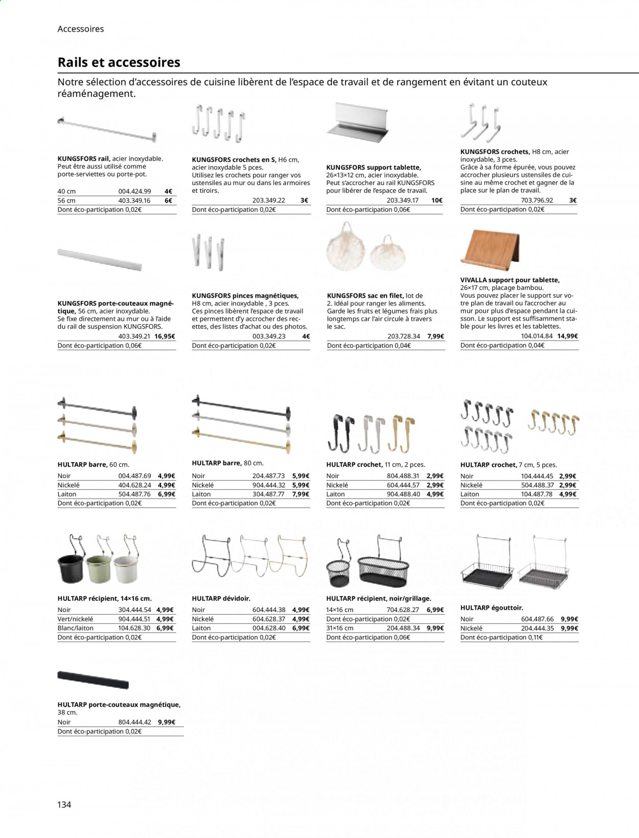 thumbnail - Catalogue IKEA - Produits soldés - plan de travail, porte-serviettes, égouttoir, support tablette, bambou. Page 134.