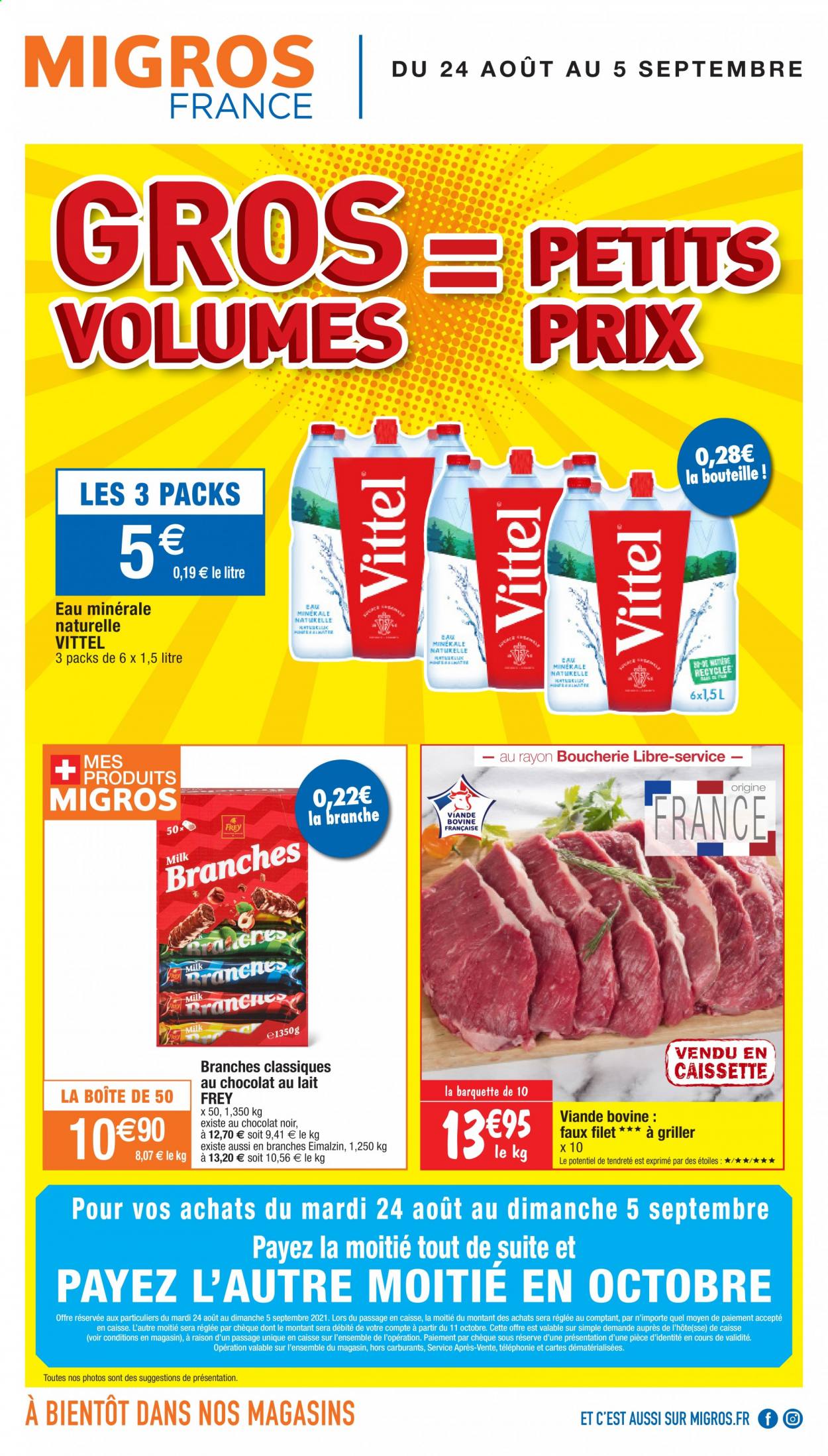 thumbnail - Catalogue Migros France - 24/08/2021 - 05/09/2021 - Produits soldés - eau minérale, eau minérale naturelle, Vittel. Page 1.
