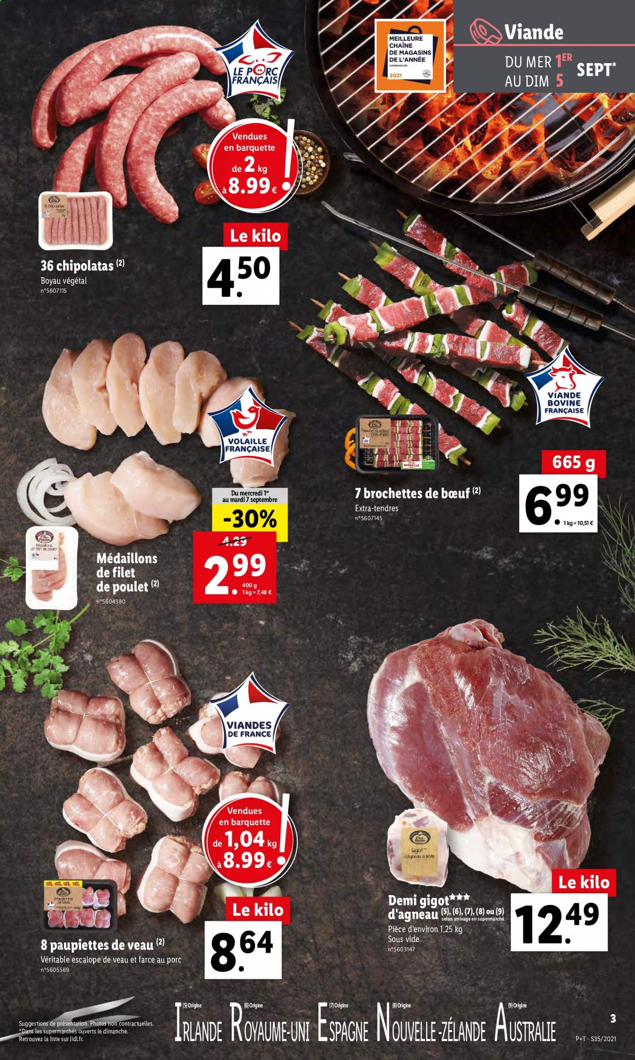 thumbnail - Catalogue Lidl - 01/09/2021 - 07/09/2021 - Produits soldés - escalope, paupiette, filet de poulet, viande de poulet, brochettes de bœuf, escalope de veau, gigot d'agneau, viande d'agneau, chipolata. Page 3.
