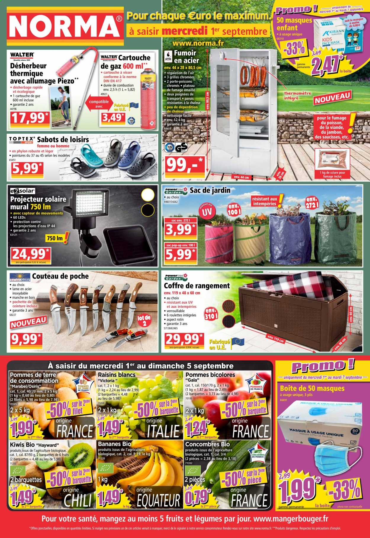 thumbnail - Catalogue Norma - 01/09/2021 - 09/09/2021 - Produits soldés - sabots, bananes, concombre, pommes de terre, jambon, raisins, projecteur, coffre, ceinture, désherbeur. Page 1.
