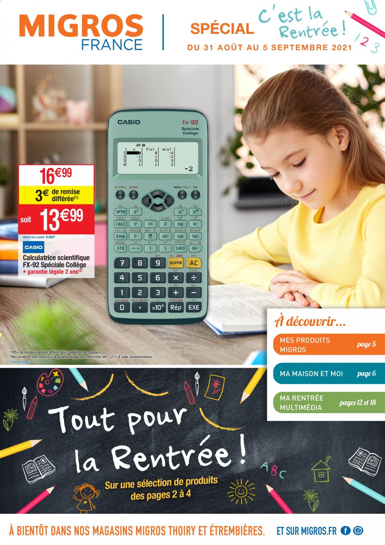 thumbnail - Catalogue Migros France - 31/08/2021 - 05/09/2021 - Produits soldés - calculatrice, Casio, maison. Page 1.