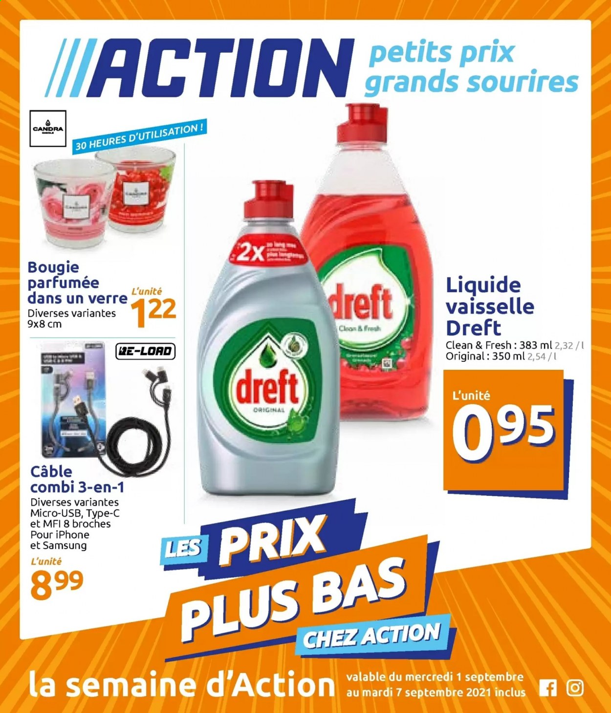 thumbnail - Catalogue Action - 01/09/2021 - 07/09/2021 - Produits soldés - liquide vaisselle, verre, bougie, Samsung. Page 1.
