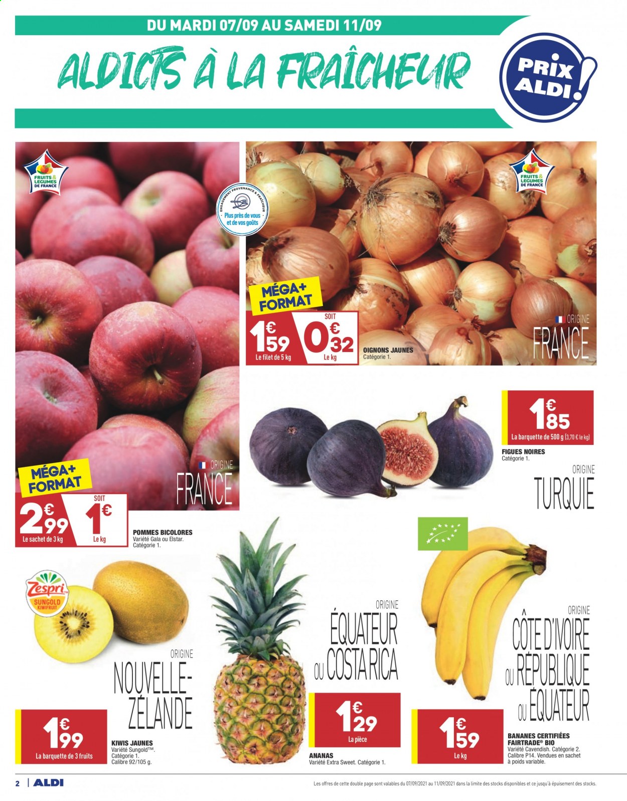 thumbnail - Catalogue ALDI - 07/09/2021 - 13/09/2021 - Produits soldés - pommes, kiwi, ananas, bananes, figue, oignons. Page 4.