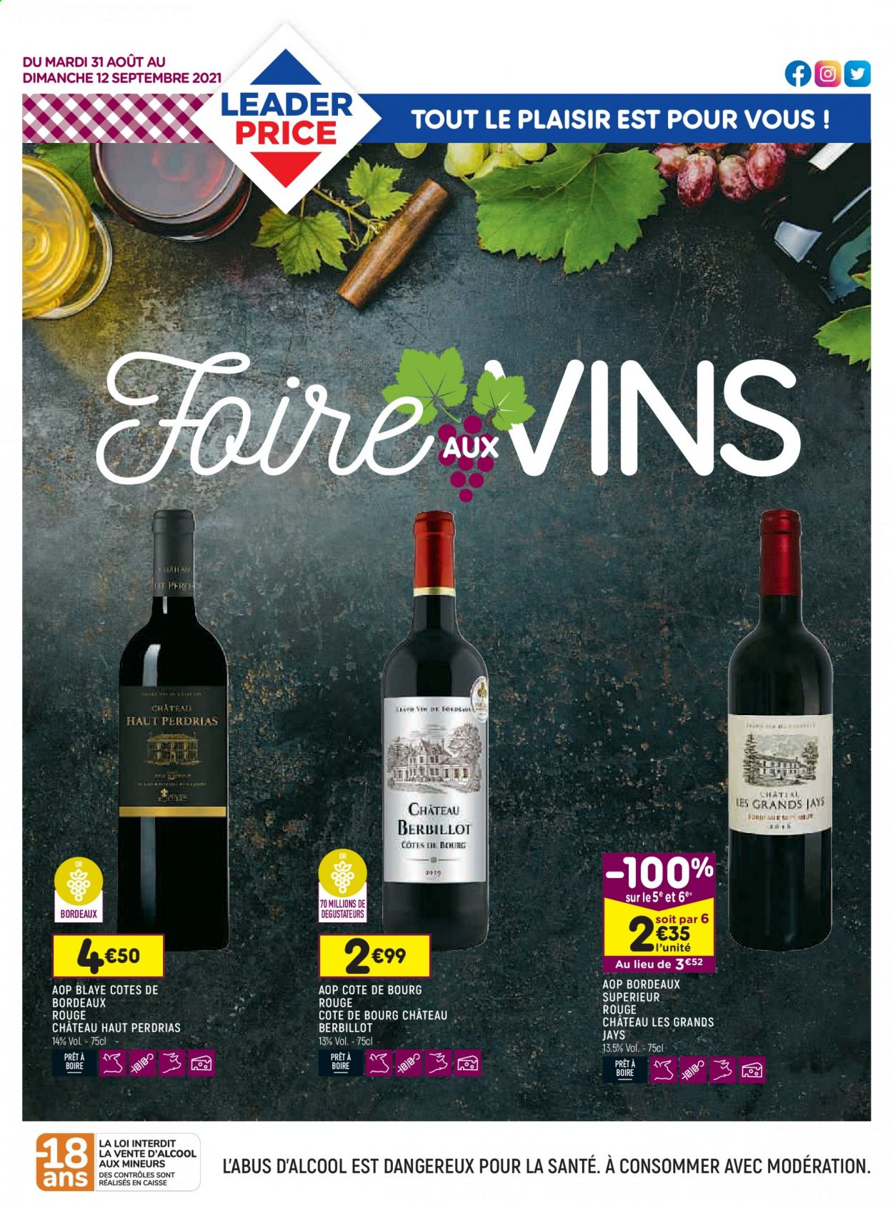 thumbnail - Catalogue Leader Price - 31/08/2021 - 12/09/2021 - Produits soldés - Bordeaux, vin rouge, vin. Page 1.