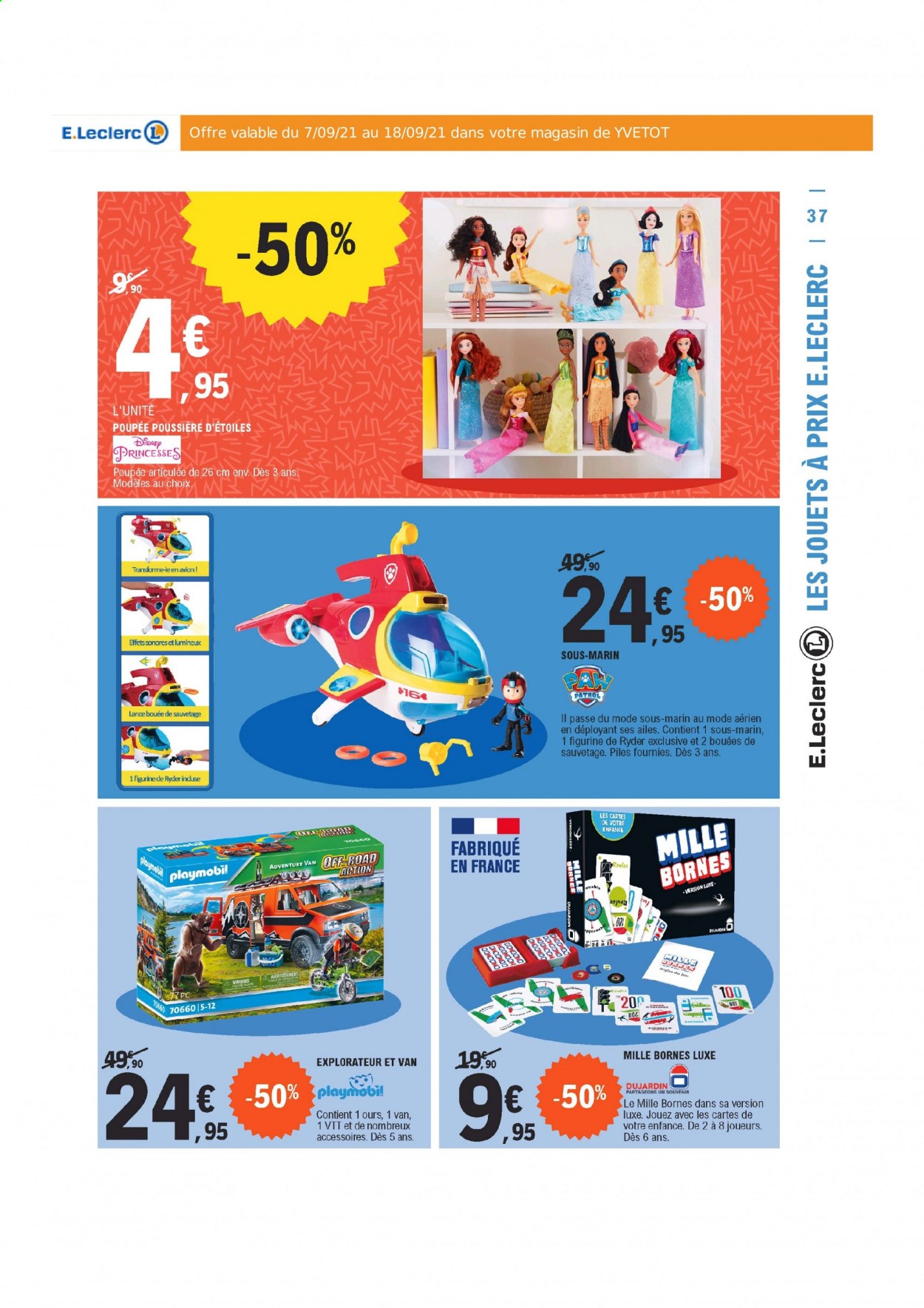 thumbnail - Catalogue E.Leclerc - 07/09/2021 - 18/09/2021 - Produits soldés - VTT Rockrider, jeu, ours, poupée, Playmobil. Page 37.