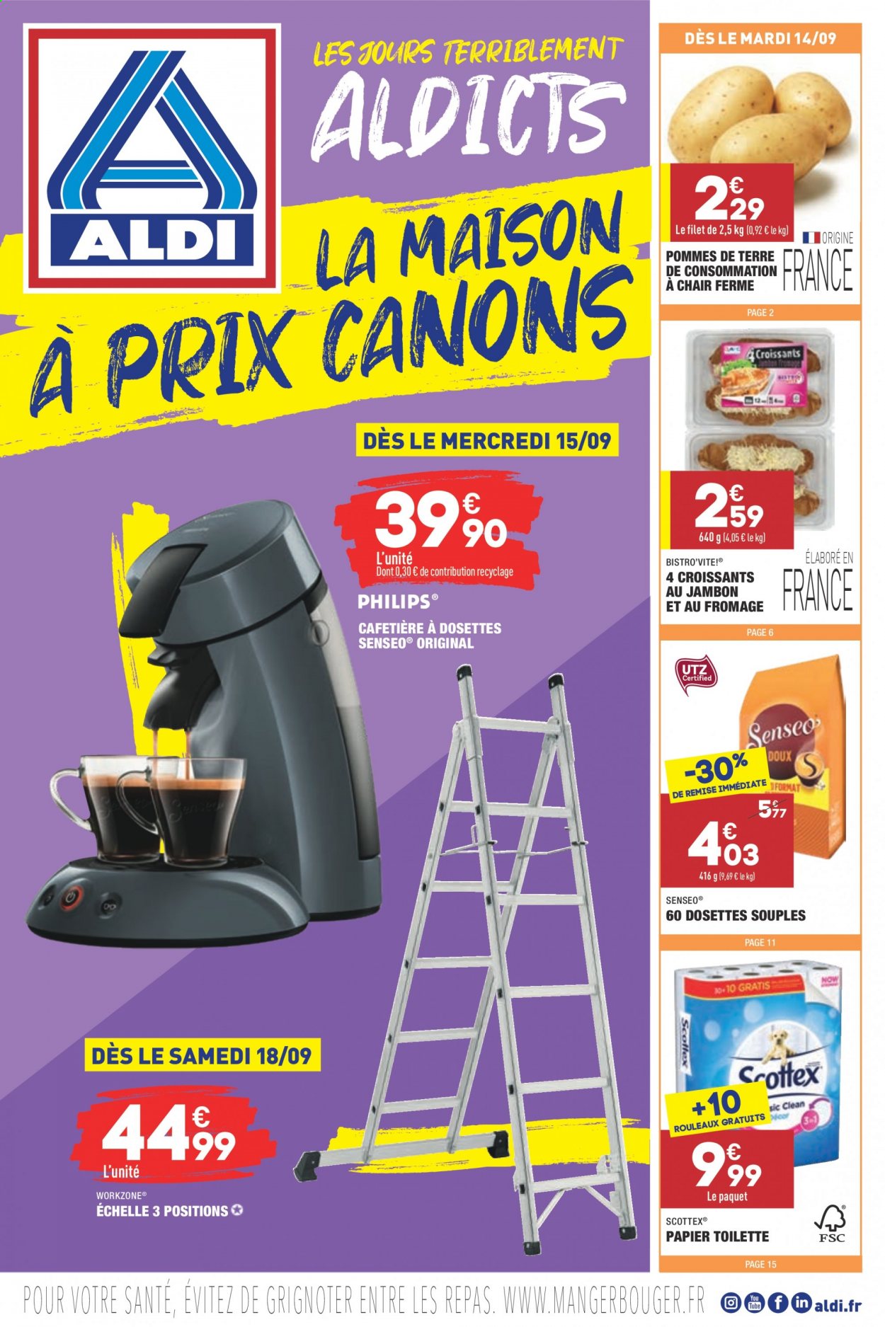 thumbnail - Catalogue ALDI - 14/09/2021 - 20/09/2021 - Produits soldés - Philips, croissant, Senseo, papier toilette, cafetière. Page 1.