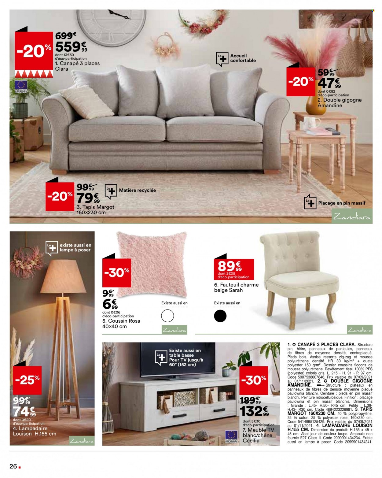 thumbnail - Catalogue BUT - 06/09/2021 - 04/10/2021 - Produits soldés - table, tapis, canapé, canapé 3 places, fauteuil, meuble tv, lampadaire, lampe. Page 26.