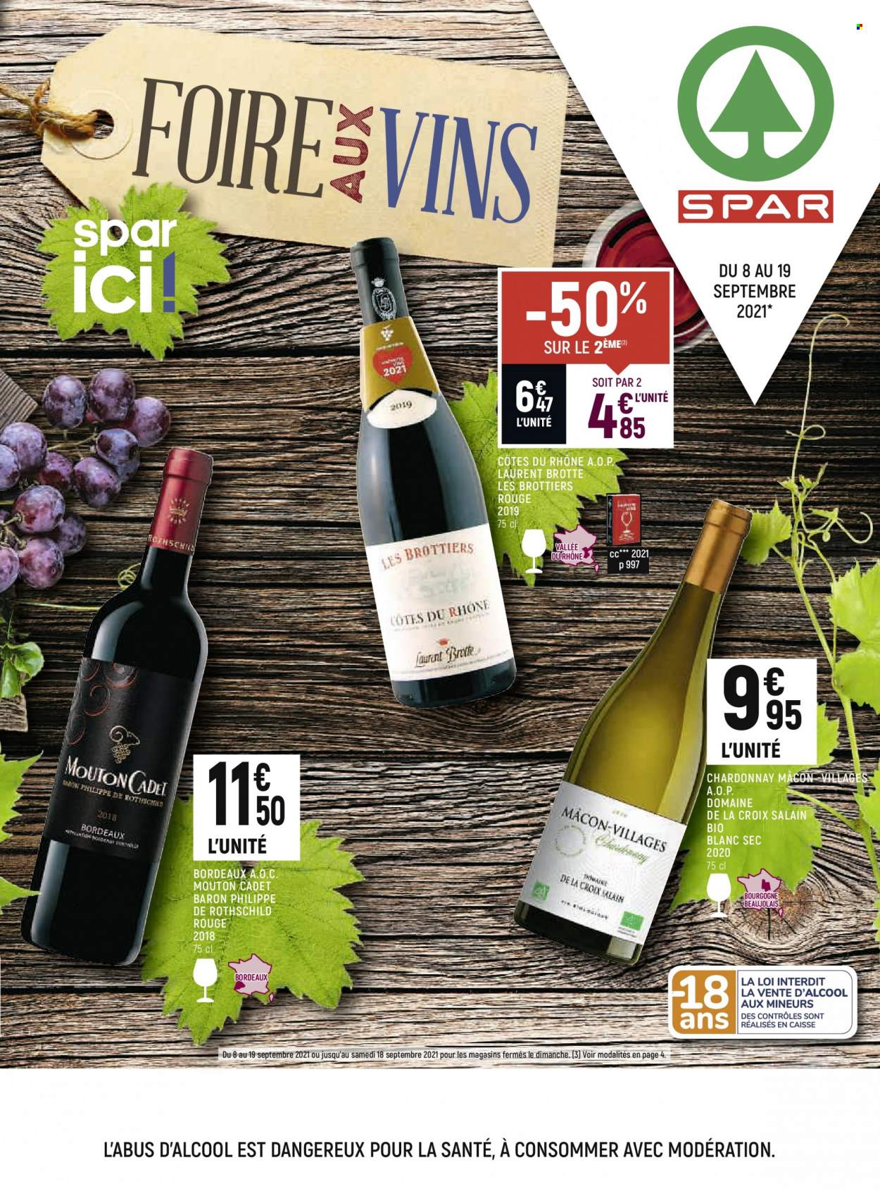 thumbnail - Catalogue SPAR - 08/09/2021 - 19/09/2021 - Produits soldés - Beaujolais, Bordeaux, Côtes du Rhône, vin rouge, vin. Page 1.