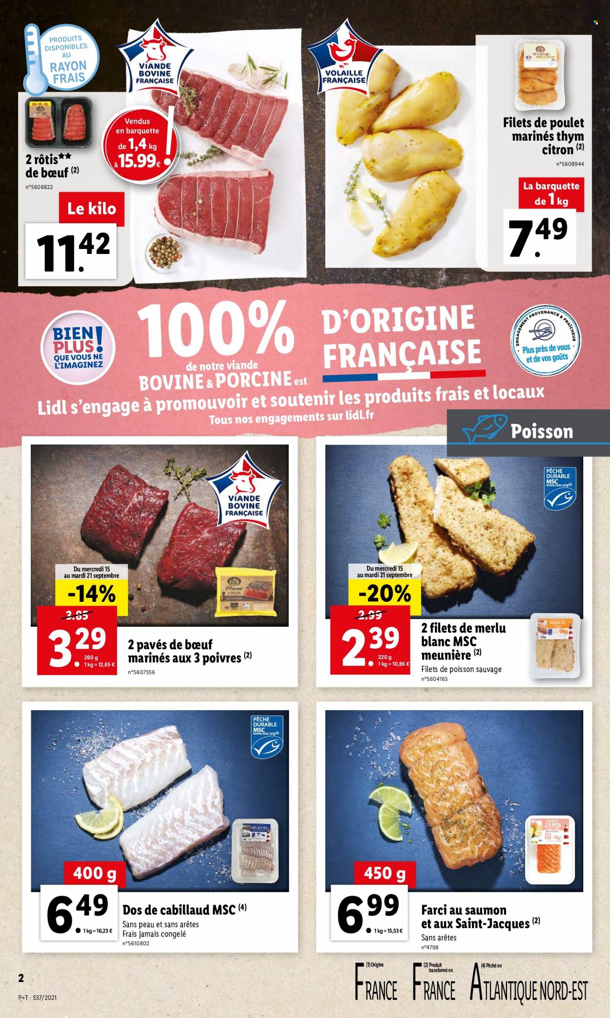 thumbnail - Catalogue Lidl - 15/09/2021 - 21/09/2021 - Produits soldés - filet de poulet, viande de poulet, rôti de bœuf, cabillaud, merlu, farci au saumon. Page 2.