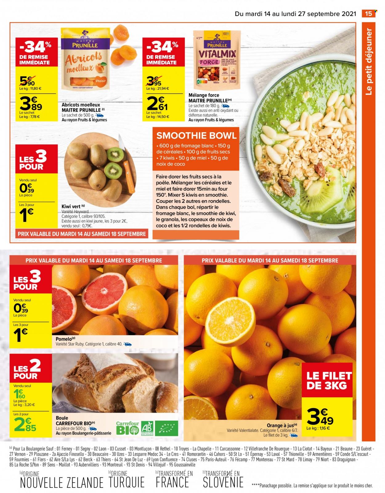 thumbnail - Catalogue Carrefour Hypermarchés - 14/09/2021 - 27/09/2021 - Produits soldés - poêle, noix de coco, pomelo, fromage blanc, granola, Maître Prunille, smoothie. Page 15.