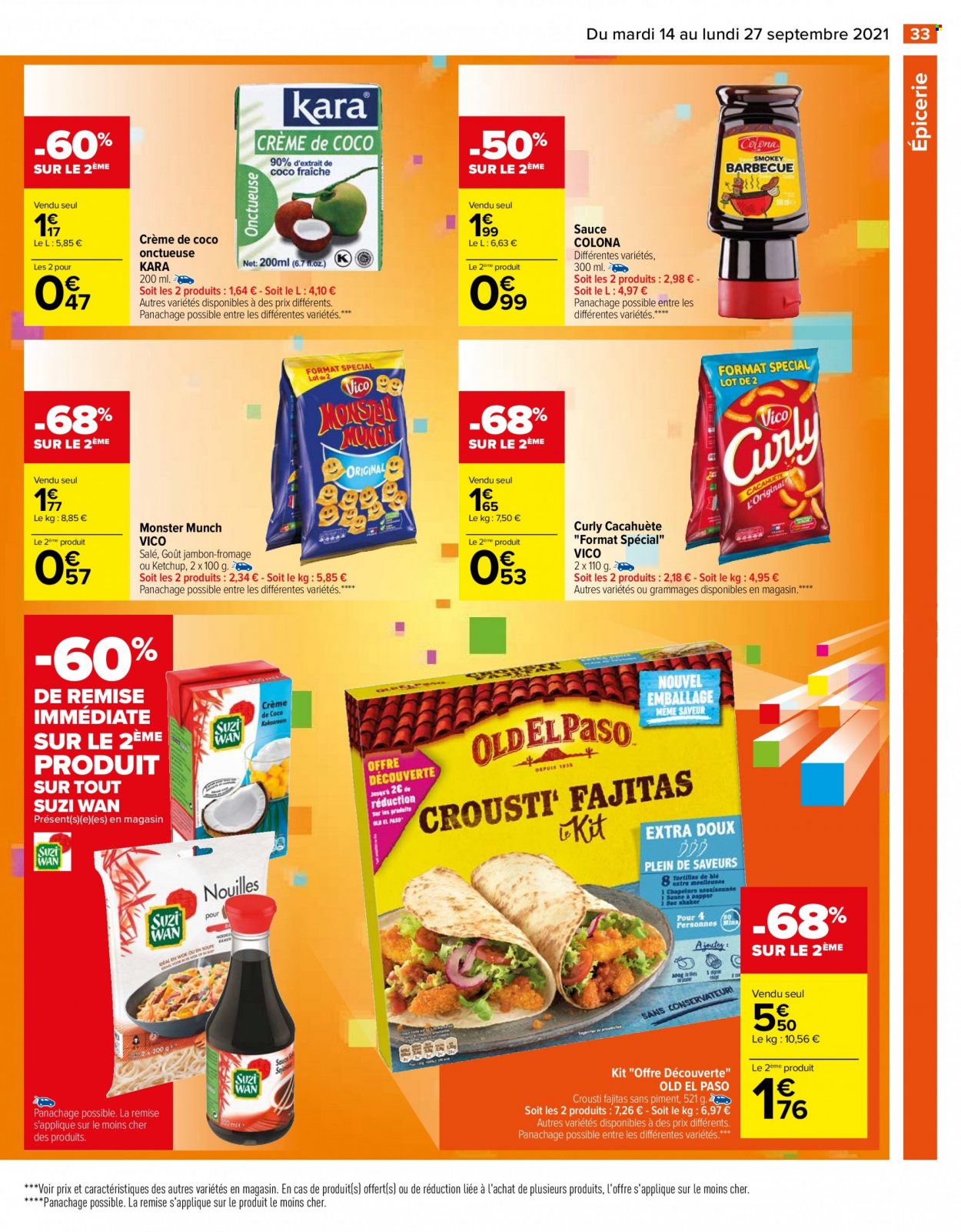 thumbnail - Catalogue Carrefour Hypermarchés - 14/09/2021 - 27/09/2021 - Produits soldés - piment, Old El Paso, fajitas, jambon, lait de coco, chips, Vico, collation salée, Monster Munch, Monster. Page 33.