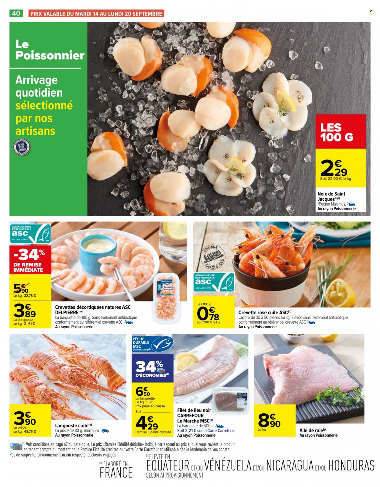 thumbnail - Catalogue Carrefour Hypermarchés - 14/09/2021 - 27/09/2021 - Produits soldés - crevettes, raie, crevette rosé, filet de lieu. Page 40.