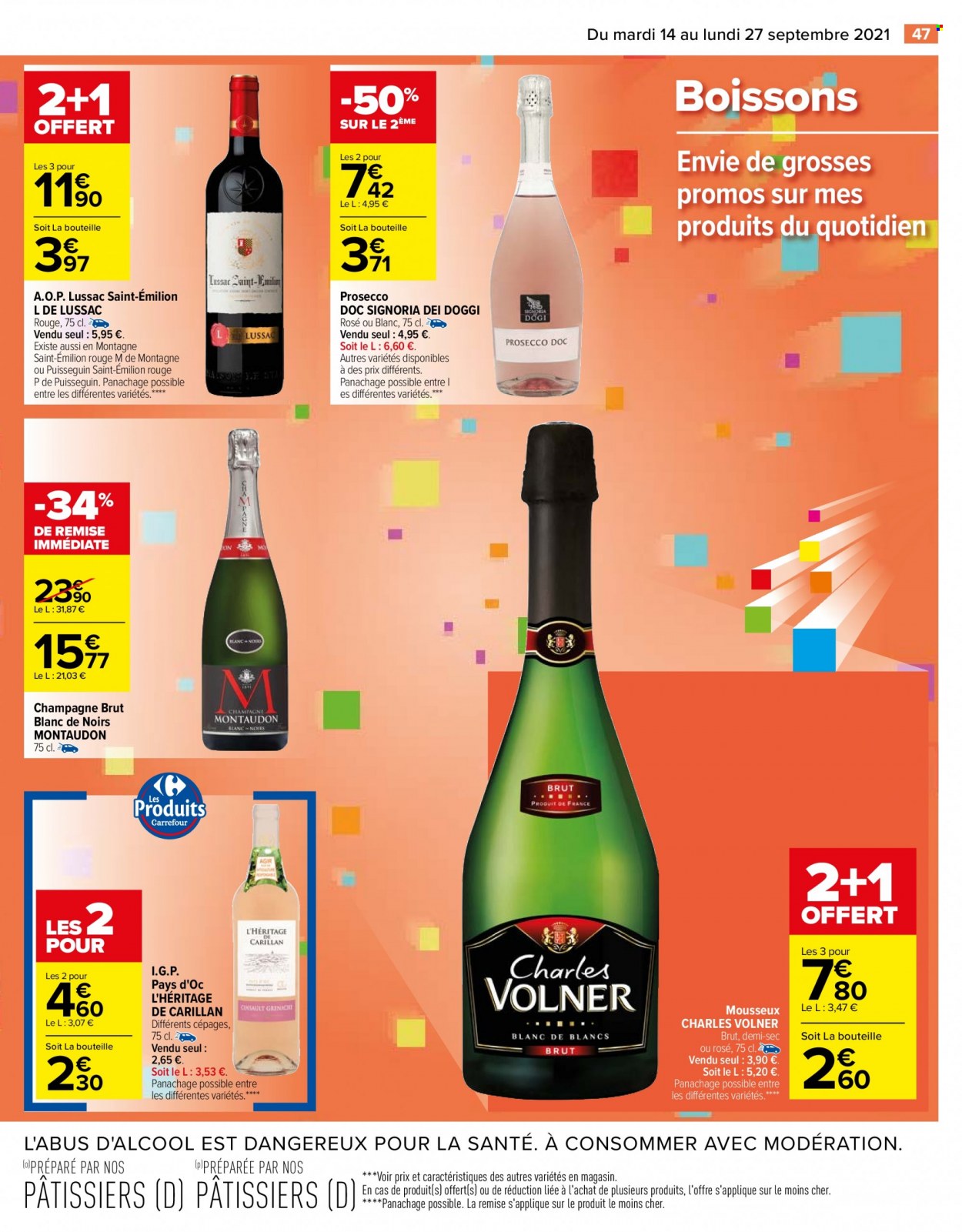 thumbnail - Catalogue Carrefour Hypermarchés - 14/09/2021 - 27/09/2021 - Produits soldés - champagne, Prosecco, vin. Page 47.