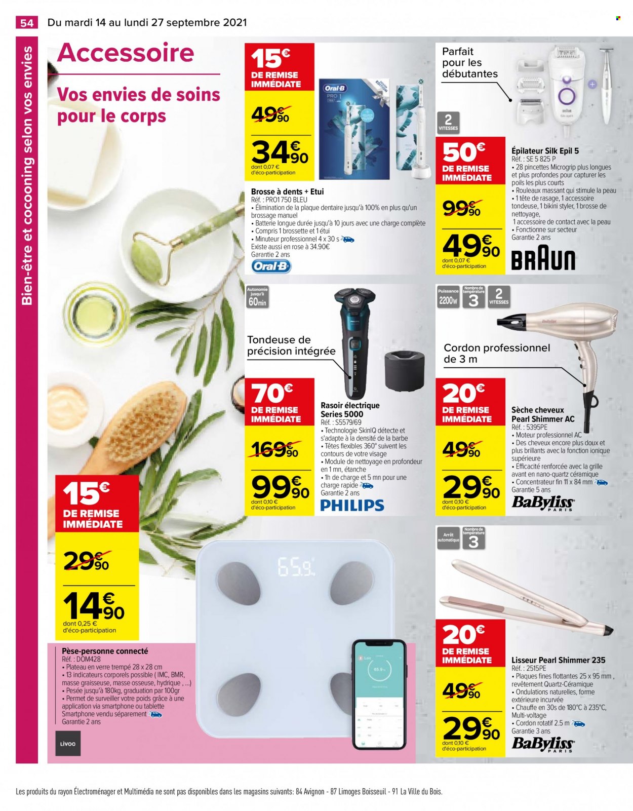 thumbnail - Catalogue Carrefour Hypermarchés - 14/09/2021 - 27/09/2021 - Produits soldés - brosse à dents, rasoir, smartphone, épilateur, fer à cheveux, sèche-cheveux, tondeuse. Page 54.