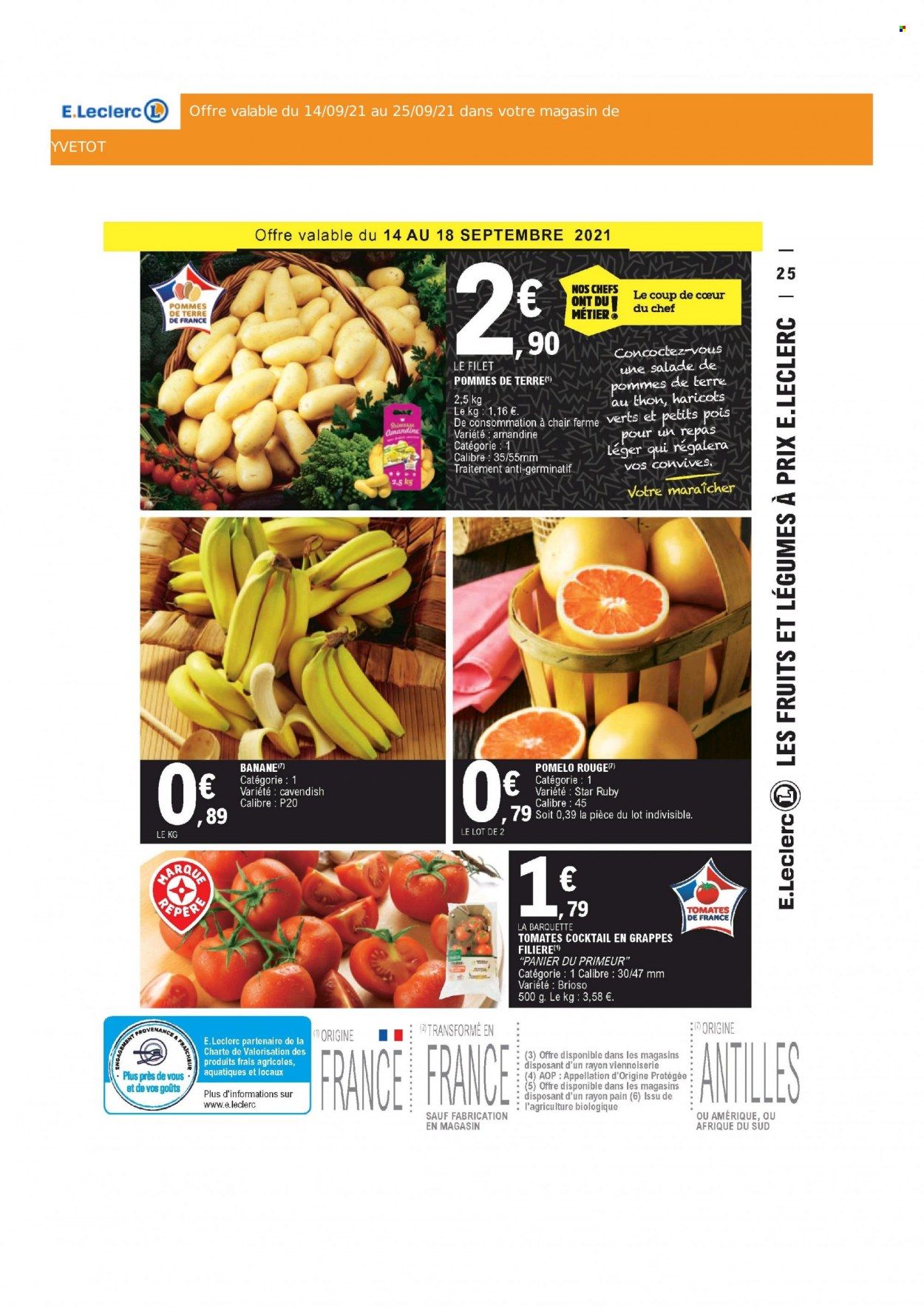 thumbnail - Catalogue E.Leclerc - 14/09/2021 - 25/09/2021 - Produits soldés - pomelo, tomates, salade, pommes de terre, pain, haricots, petit pois. Page 25.