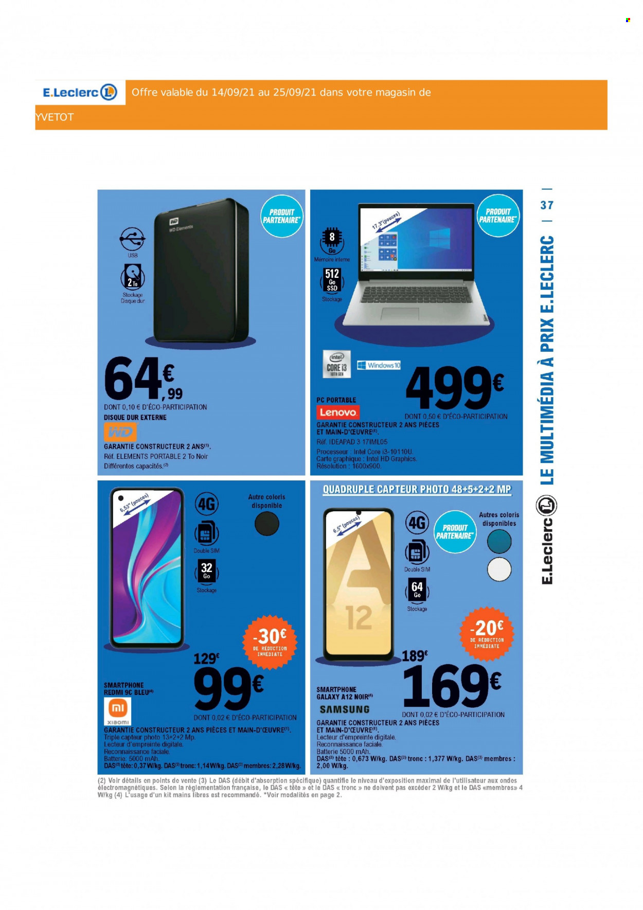 thumbnail - Catalogue E.Leclerc - 14/09/2021 - 25/09/2021 - Produits soldés - Samsung, Xiaomi, Lenovo, smartphone, pc portable, disque dur externe. Page 37.
