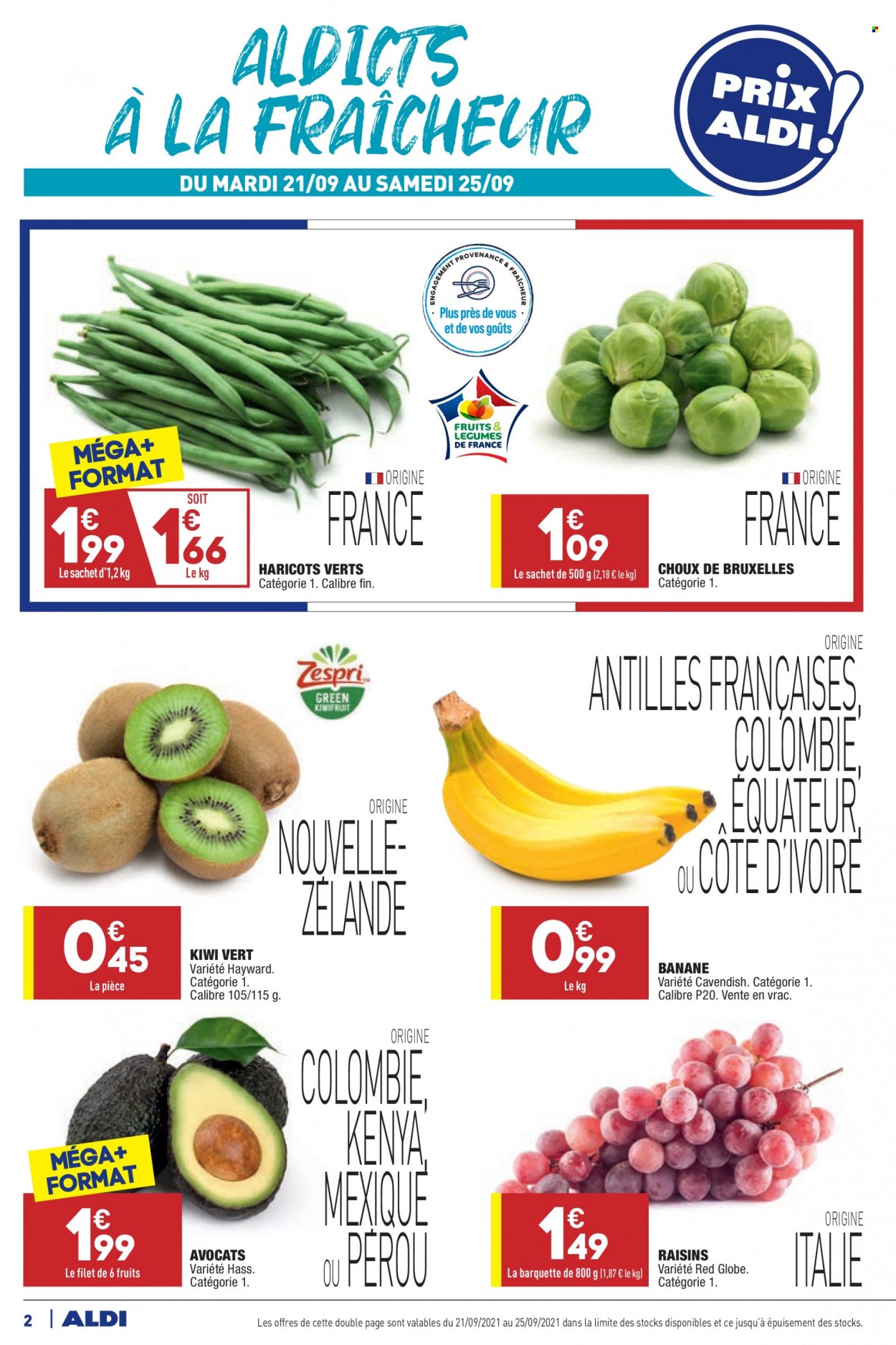 thumbnail - Catalogue ALDI - 21/09/2021 - 27/09/2021 - Produits soldés - avocat, kiwi, bananes, choux de bruxelles, haricots, raisins. Page 4.