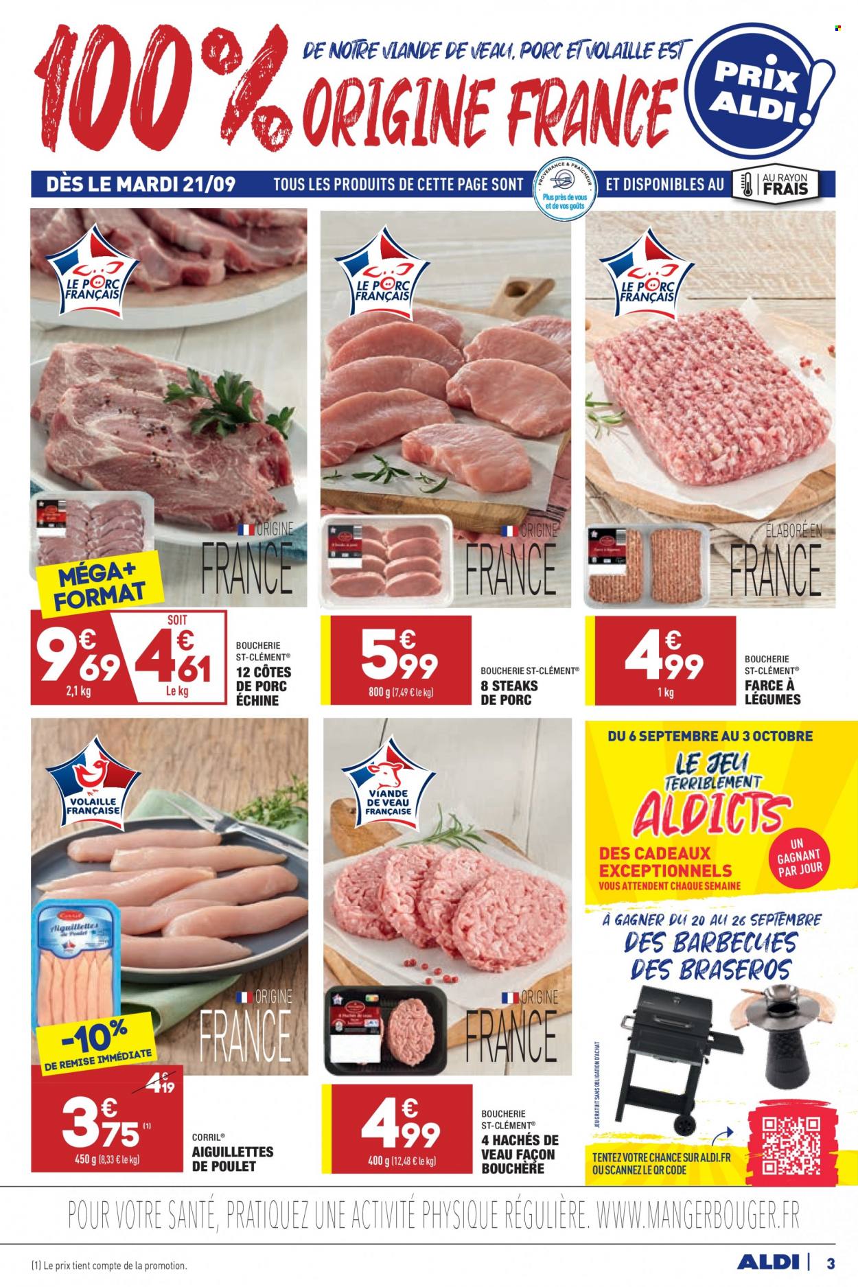 thumbnail - Catalogue ALDI - 21/09/2021 - 27/09/2021 - Produits soldés - steak, côtes de porc, côtes de porc échine, viande de porc, jeu, viande de poulet, escalope de poulet, viande de veau, viande hachée. Page 5.