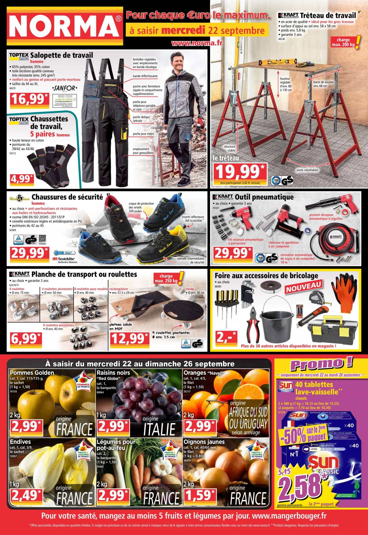 thumbnail - Catalogue Norma - 22/09/2021 - 30/09/2021 - Produits soldés - chaussures de sécurité, oranges, endives, oignons, pot-au-feu, raisins, tablettes lave-vaisselle, stylo, visseuse, outil pneumatique. Page 1.