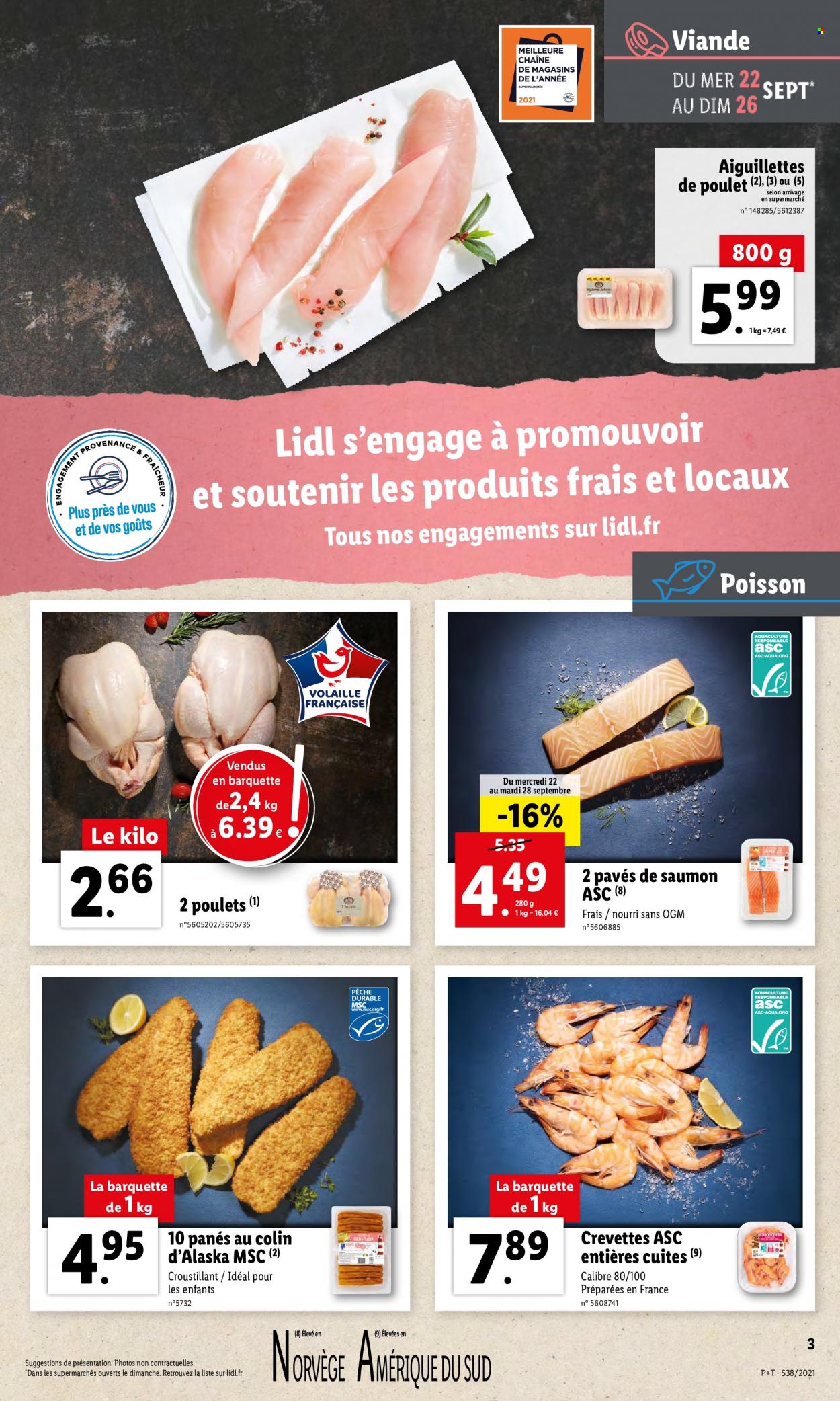thumbnail - Catalogue Lidl - 22/09/2021 - 28/09/2021 - Produits soldés - viande de poulet, escalope de poulet, saumon, pavés de saumon, panés de poissons. Page 3.