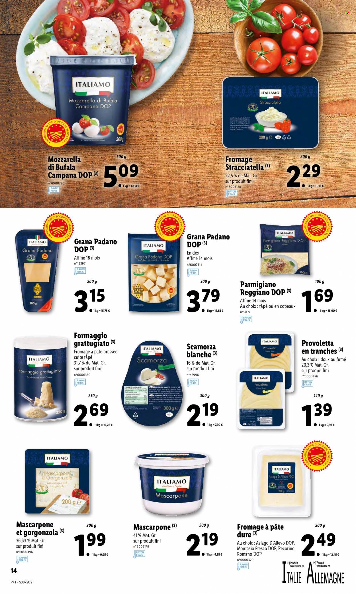 thumbnail - Catalogue Lidl - 22/09/2021 - 28/09/2021 - Produits soldés - fromage, gorgonzola, mozzarella, mascarpone, parmesan. Page 16.