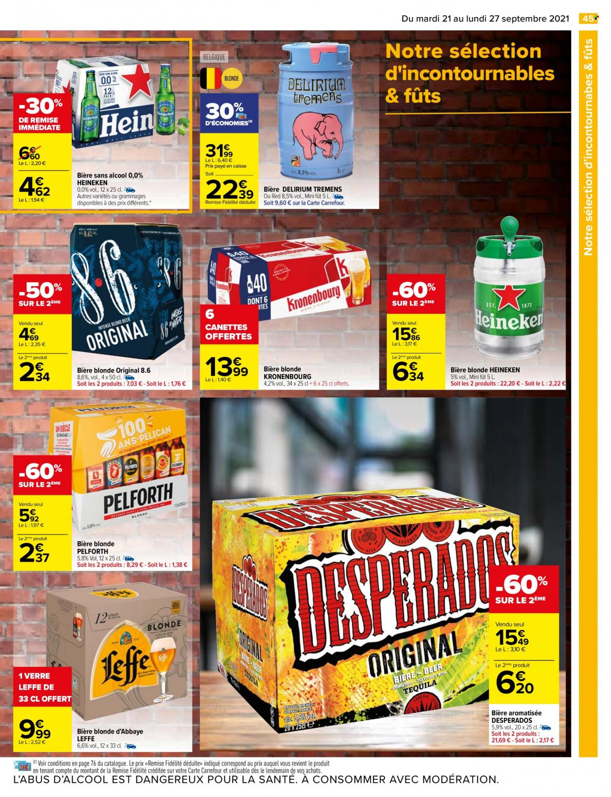 thumbnail - Catalogue Carrefour Hypermarchés - 21/09/2021 - 27/09/2021 - Produits soldés - Leffe, bière, bière blonde, bière non alcoolisée, Heineken, verre. Page 46.