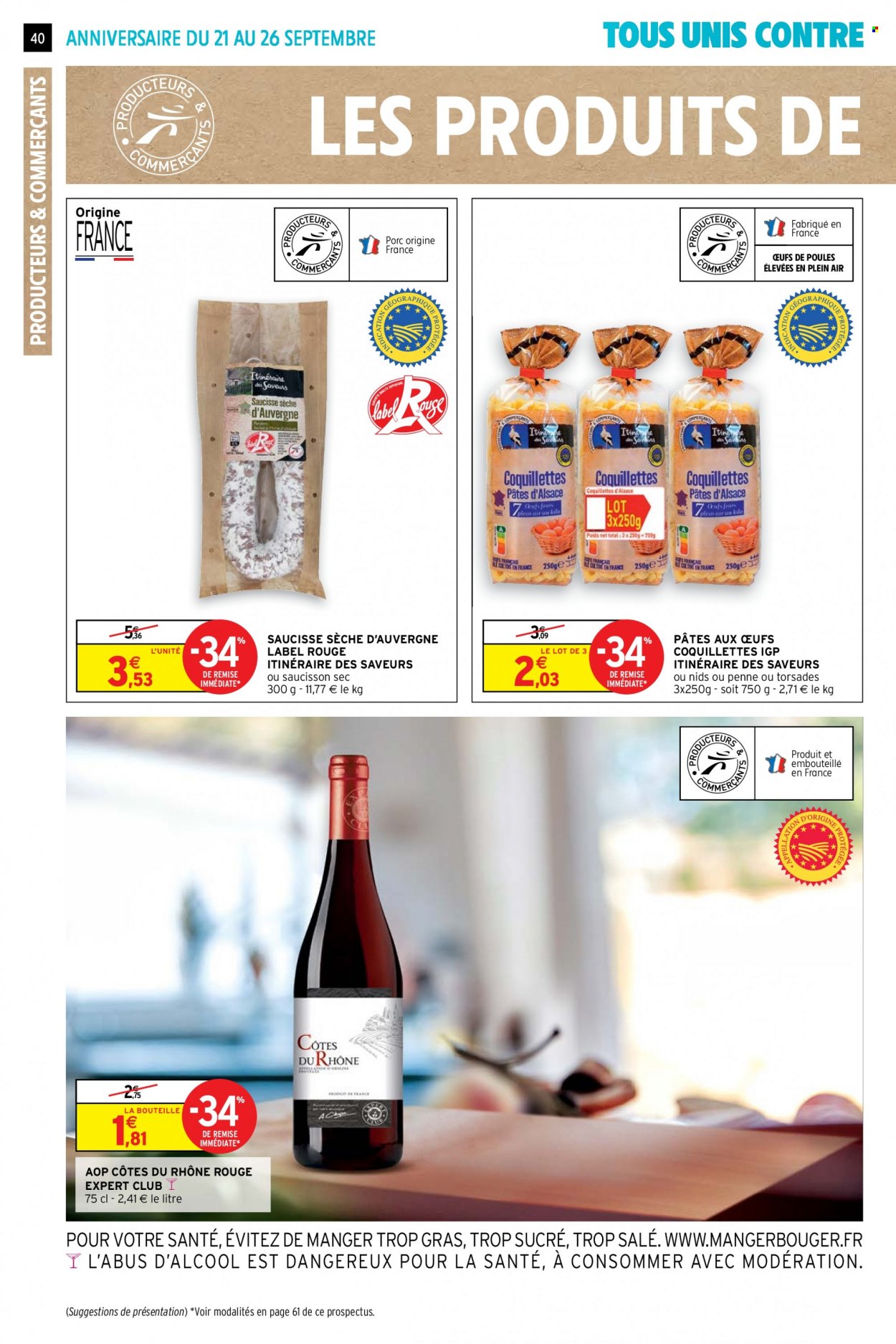 thumbnail - Catalogue Intermarché Super - 21/09/2021 - 26/09/2021 - Produits soldés - saucisse sèche, saucisse, saucisson, pâtes, Côtes du Rhône. Page 40.